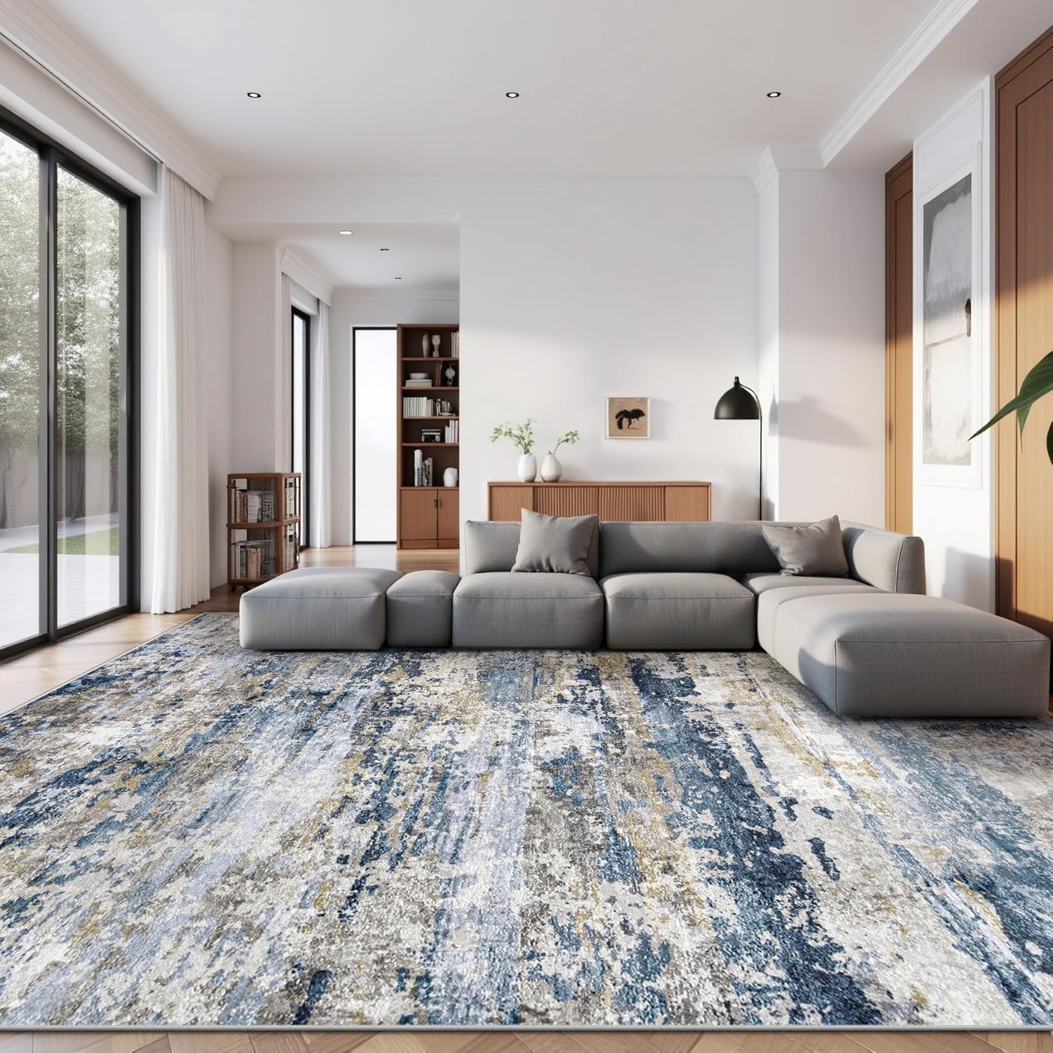 Area Rugs 9x12 for Living Room: Washable Rug Modern Abstract Neutral Soft Non-Slip Low-Pile Indoor Large Carpet for Bedroom Dining Room Playroom Home Office (Blue Grey Brown, 9'x12') Bluegreybrown 9' x 12' (Rectangular)