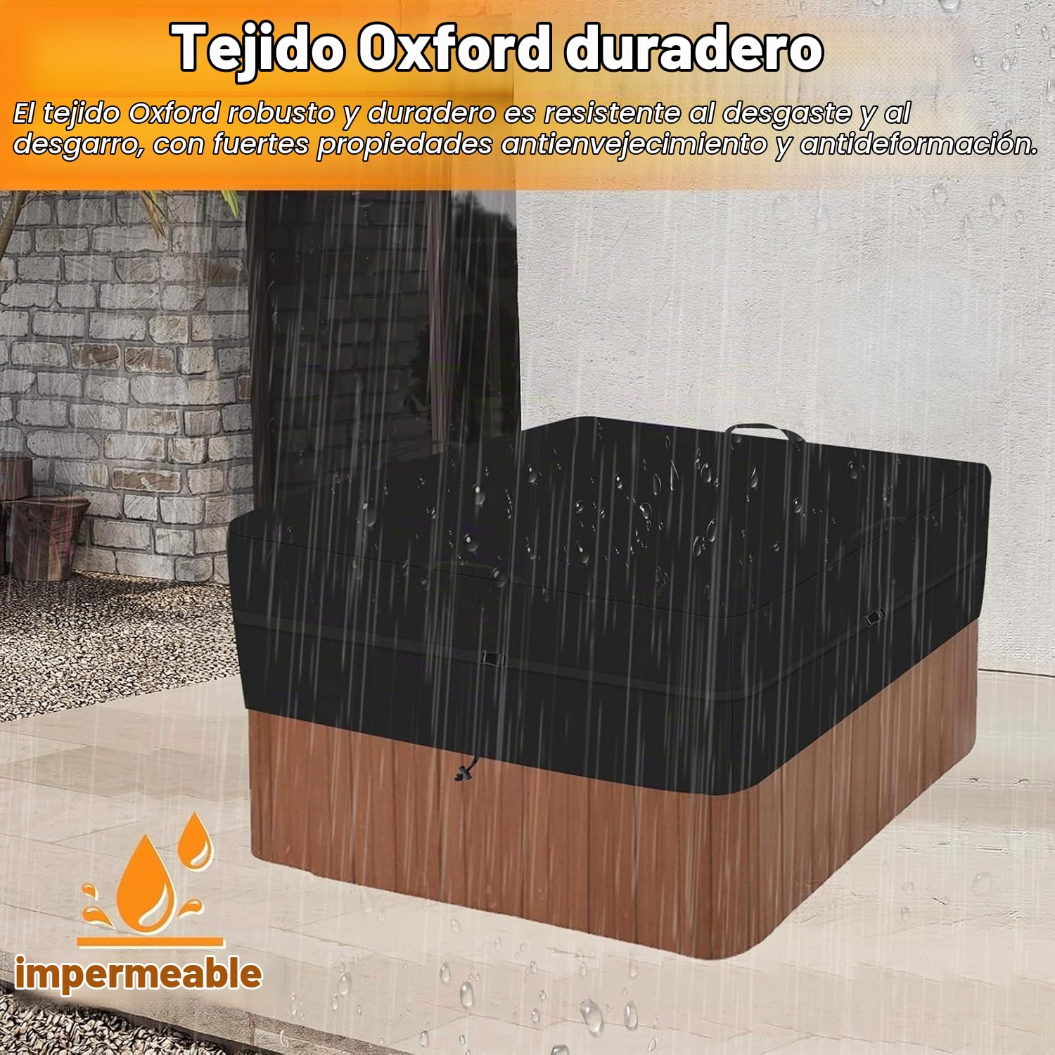 Funda Protectora Cuadrada para Jacuzzi, Oxford 600D Cubierta Cuadrada para bañeras de hidromasaje, Impermeable, Rayos UV, Resistente a la Intemperie, Color Negro (200 * 200 * 25cm)
