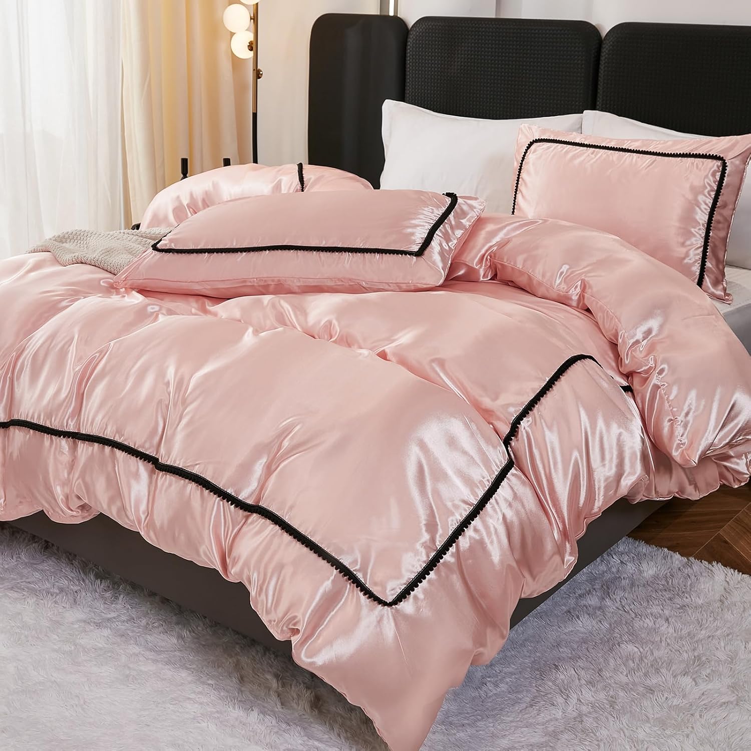 Herside Pink Satin Comforter Set 7 Pieces Full Size Bed in a Bag Luxurious Satin Bedding Set with Comforter Pillowcases and Sheets Sets Mini Pompoms Design Super Soft Silky Bed Set for All Seasons - Image 6