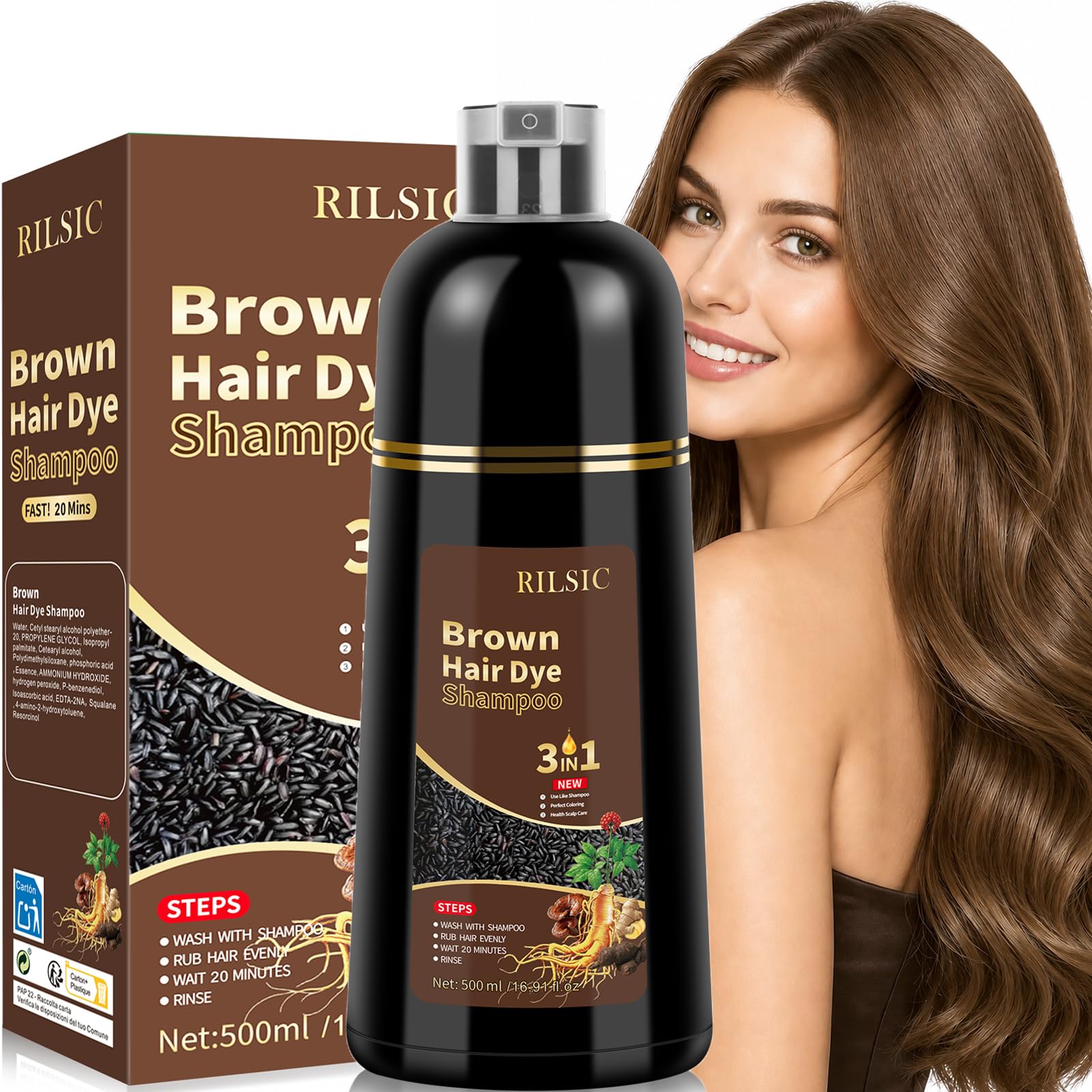 500 ml farba do włosów, naturalny brąz, szampon do farbowania włosów, szampon 3 w 1, przeciw siwym koloryzacji włosów, natychmiastowy szampon do farbowania włosów, dla mężczyzn i kobiet