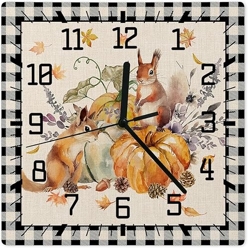 Thanksgiving Wooden Wall Clock Silent Non Ticking, Pumpkins Squirrel Fall Maple Leaves Black Plaid Square Wall Clock Battery Operated, Decor Clock
