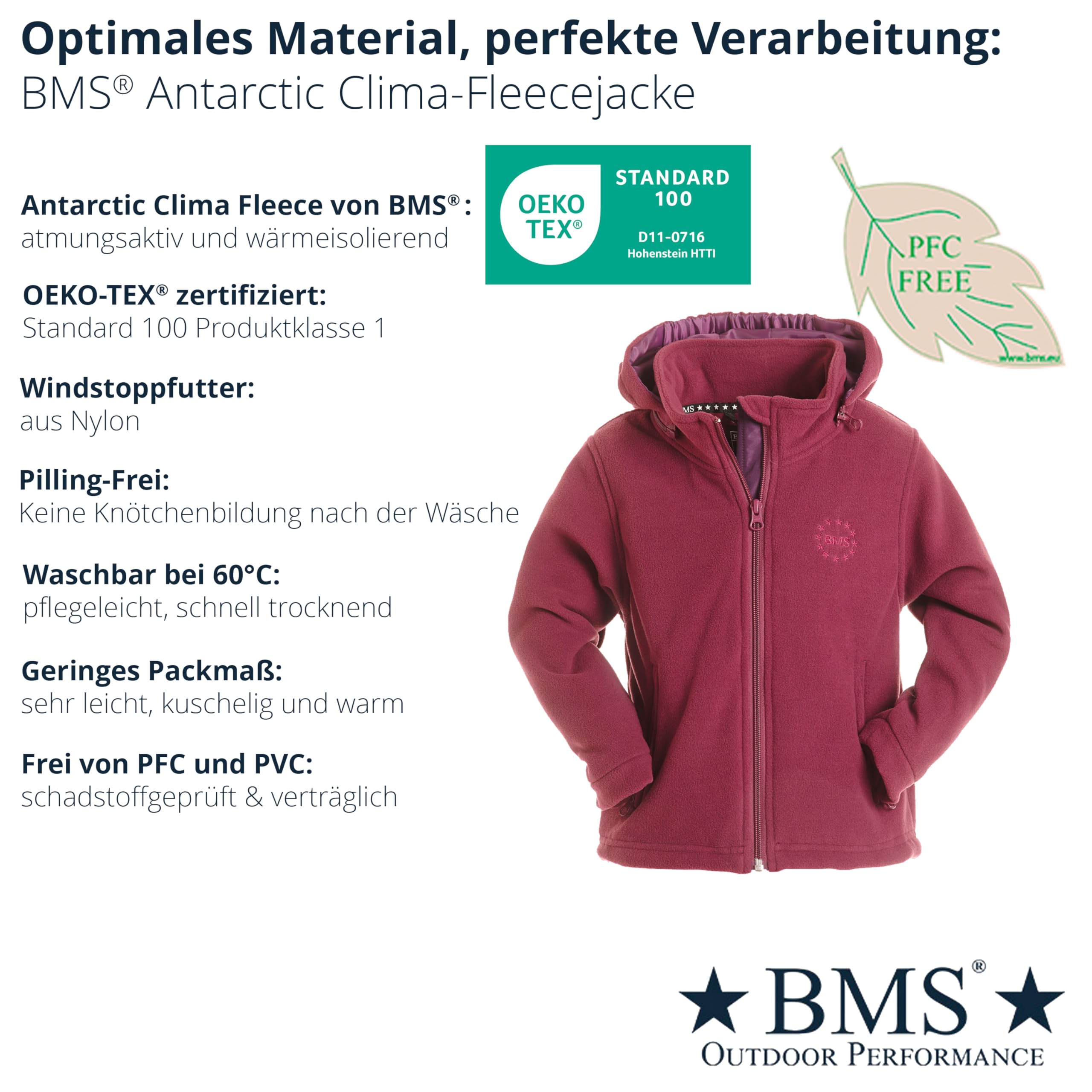 BMS® Kurtka polarowa z odpinanym kapturem dla dzieci, oddychająca i przytulnie ciepła, termoizolacyjna, 2 kieszenie zewnętrzne, 1 kieszeń wewnętrzna, regulowana na obszyciu, nadaje się do prania w 60
