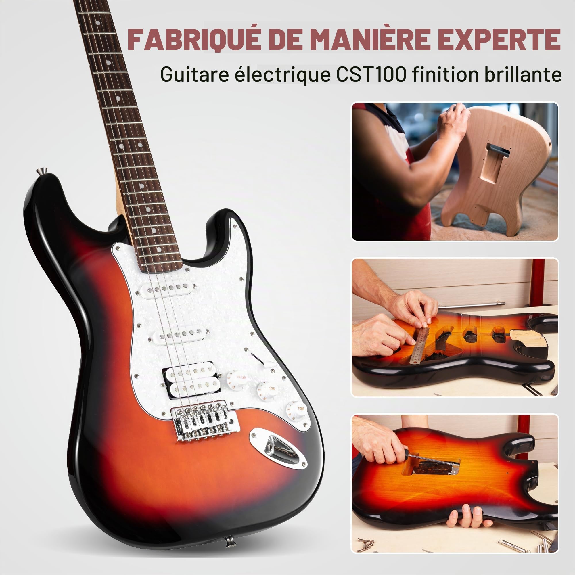 CAHAYA Guitare électrique de 39 pouces: guitare électrique ST avec 3 micros (S-S-H), inclut étui, amplificateur, accordeur, barre whammy et 4 médiators