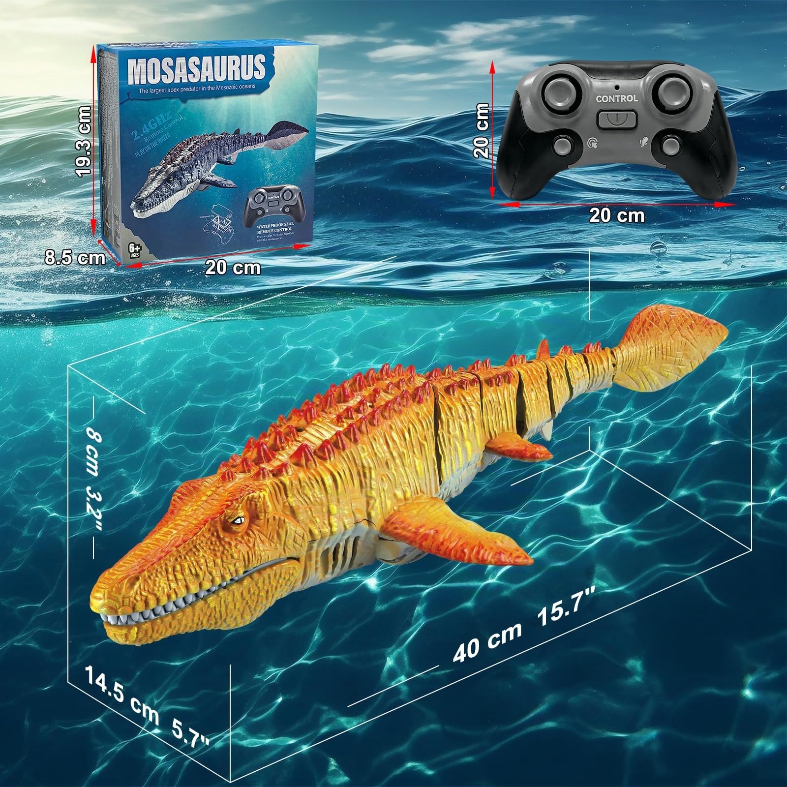 Barcos Teledirigido RC Mosasauru, 2.4GHz Impermeable Juguete del Mosasaurio De Agua con Agua pulverizadora, Dinosaurio Teledirigido Agua, Regalo para Niños Piscina, Lago, Baño (Amarillo)