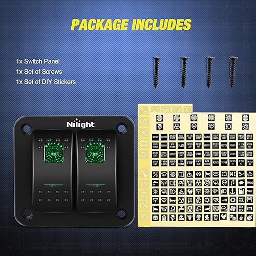 Miniatura 8 de Nilight Panel de interruptor basculante de 2 cuadras, 12 V, 24 V, CC, interruptores verdes, panel de aluminio de 5 pines, encendido y apagado, panel