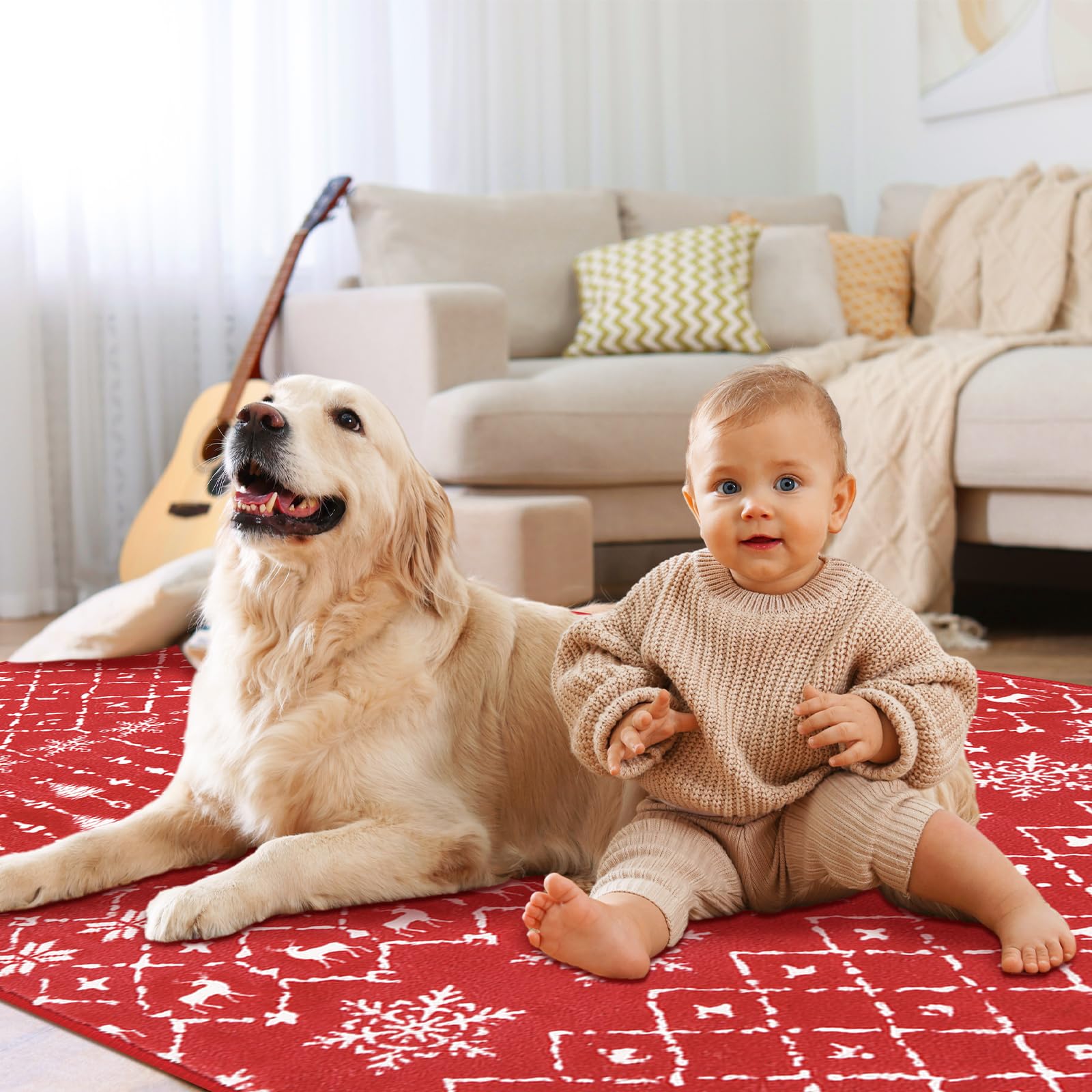 Lahome Moroccan Christmas Runner Rug - 2x6 Red Non-Slip Hallway Rug Throw Washbale Kitchen Rug Runner Snowflake Holiday Decor, Accent Print Thin Floor Rugs for Bedroom Entryway Laundry Room Bathroom