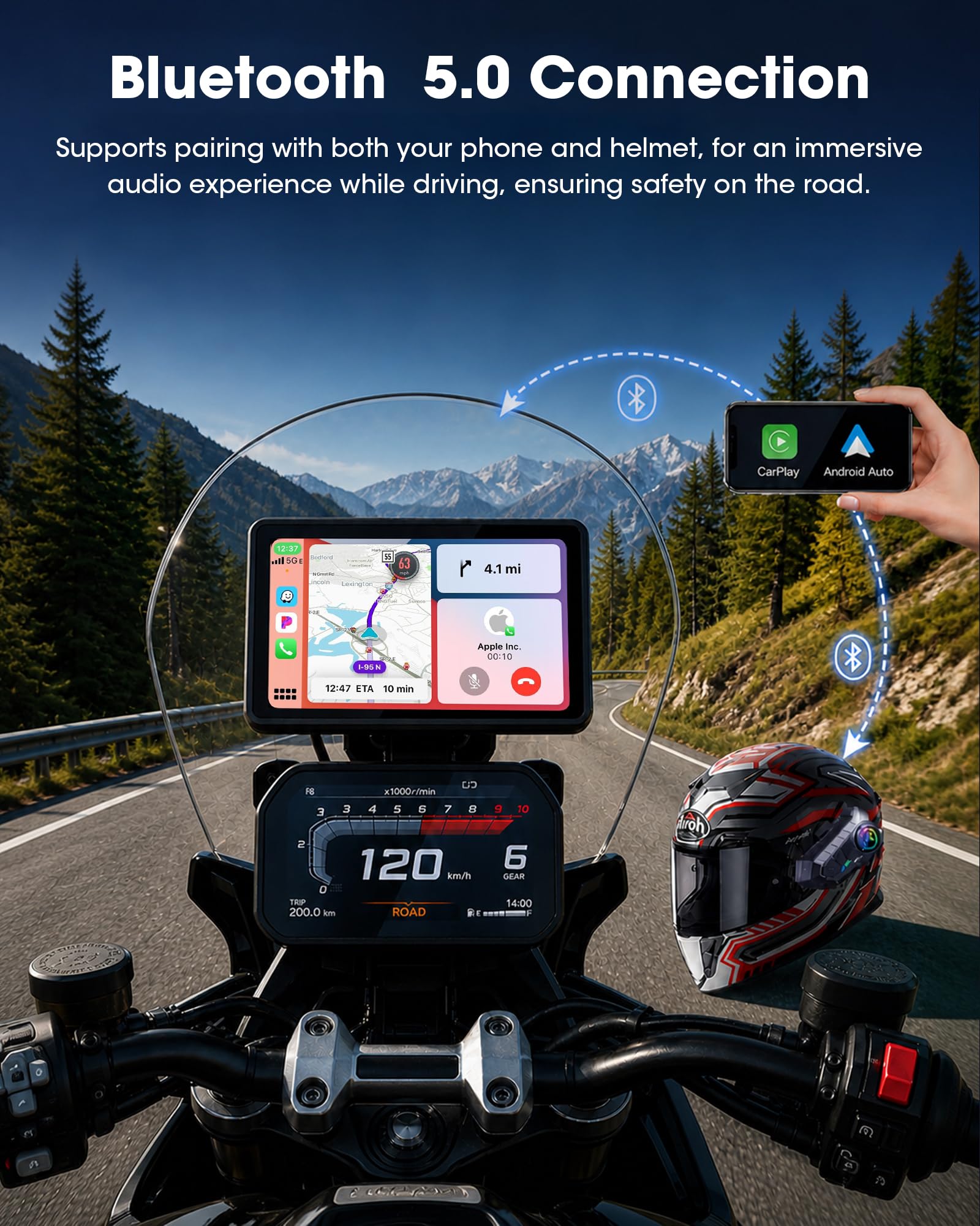 100% Universell Motorrad Carplay mit Netzteilhalterung Motorrad Navigationsgeräte mit Motorrad Navi CarPlay & Android Auto Wasserdichter 5-Zoll-Motorrad-Touchscreen,Plug & Play,1000 nit