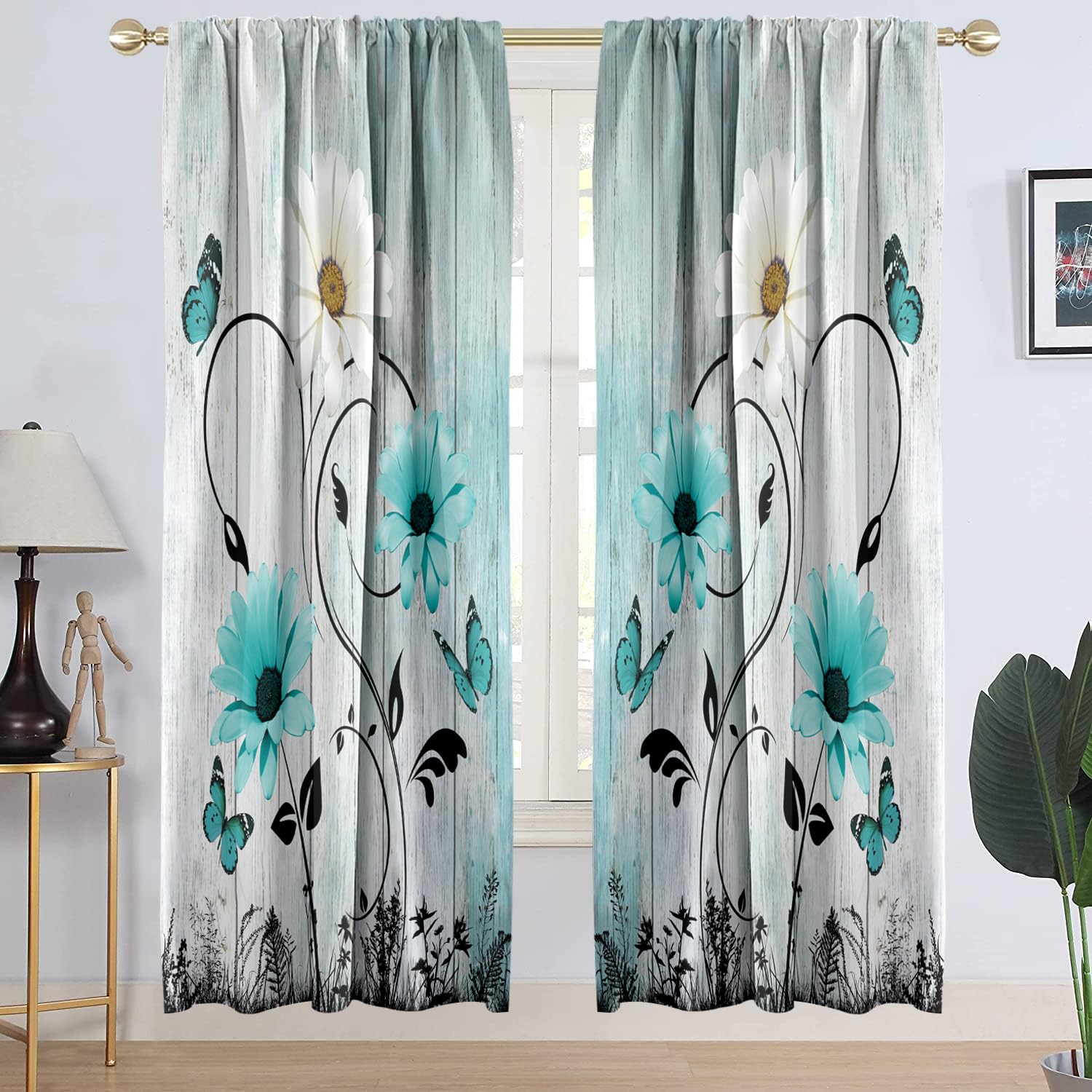 AAtter Teal Floral Window Curtain Turquoise Aqua Flower White Black Country Rustic Daisy Butterfly Long Living Room Bedroom Drapes Treatment Fabric 1
