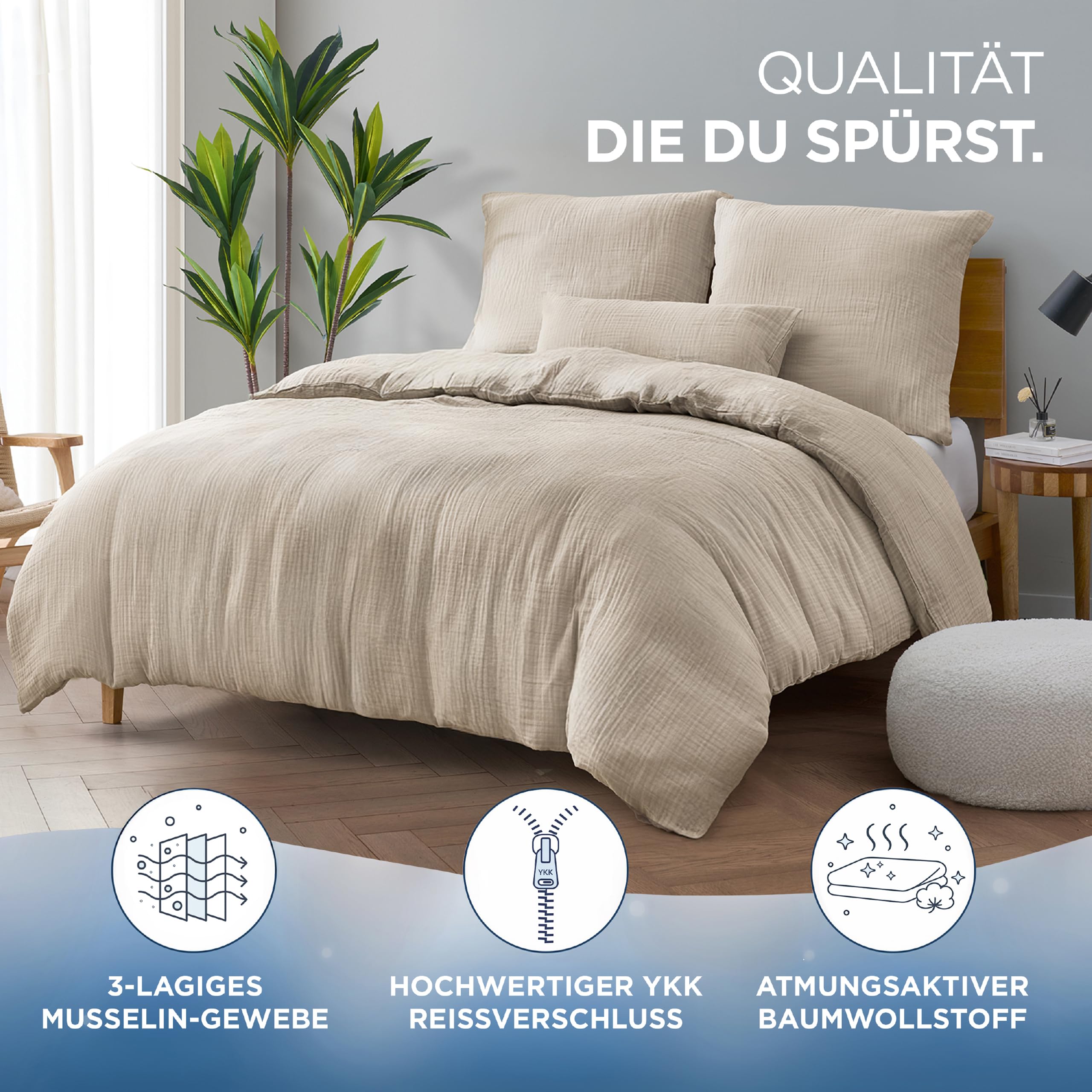 Samthus Pościel muślinowa ze 100% bawełny – Öko-Tex Made in Green – niebiańsko miękki sen – zestaw pościeli bez prasowania z 1 x poszwa na kołdrę 155 x 220 + 1 x poszewka na poduszkę 80 x 80 cm