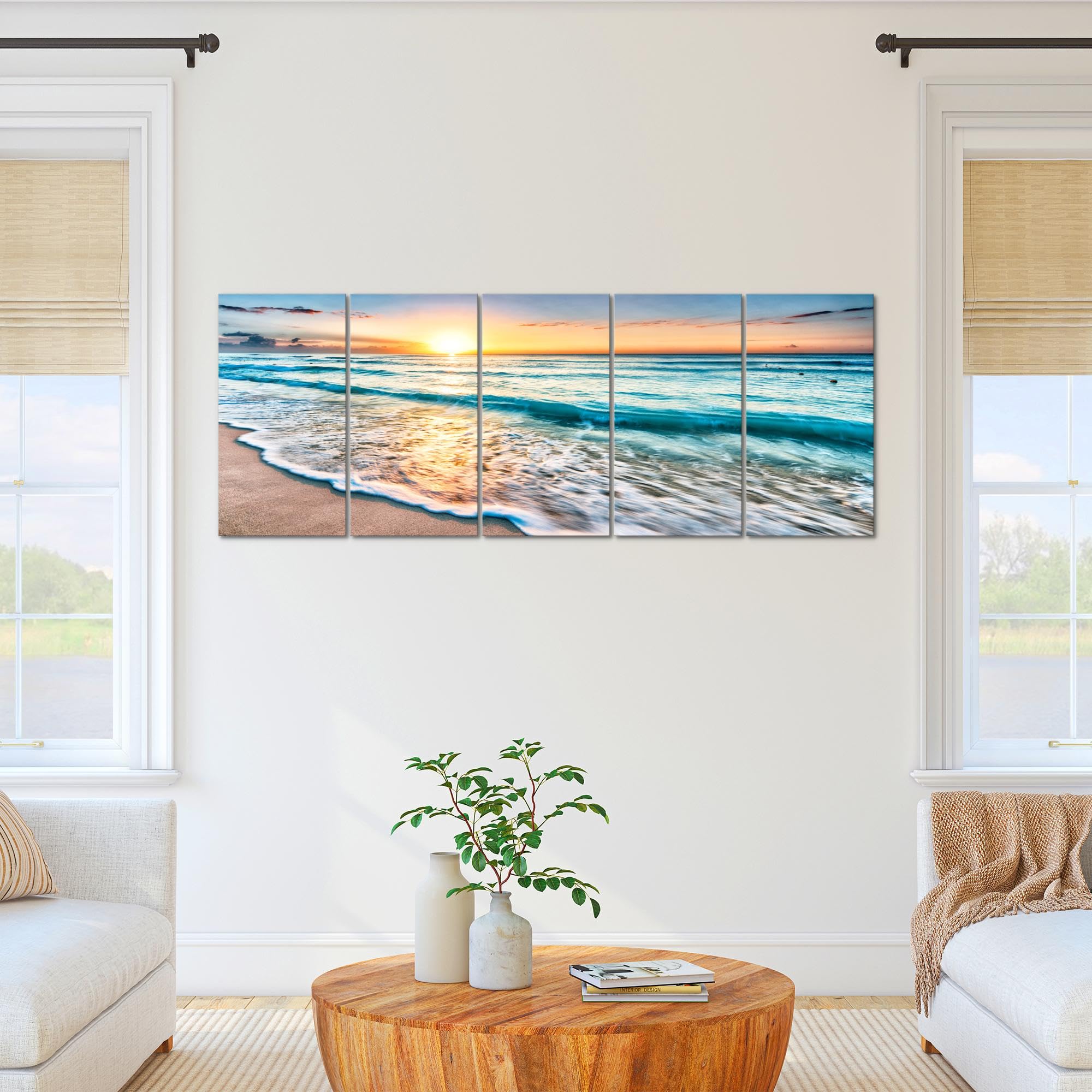 Runa Art Wandbild XXL Sonnenuntergang Strand Schlafzimmer Wohnzimmer 200 x 80 cm Beige Blau 5 Teilig - Made in Germany - 023755a
