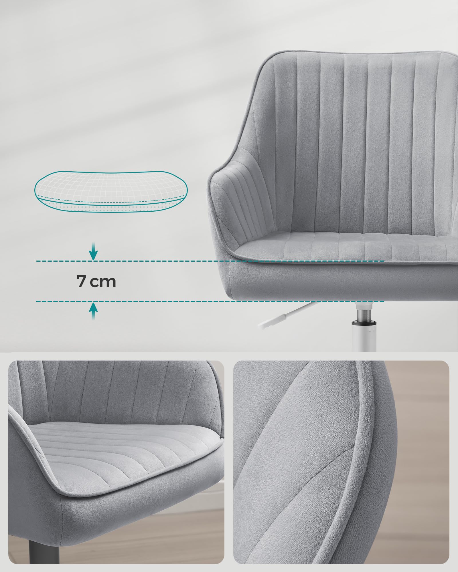 SONGMICS Office Chair Swivel Chair with Velvet Cover Foam Padding Height Adjustable for Study Bar Light Grey OBG012G01