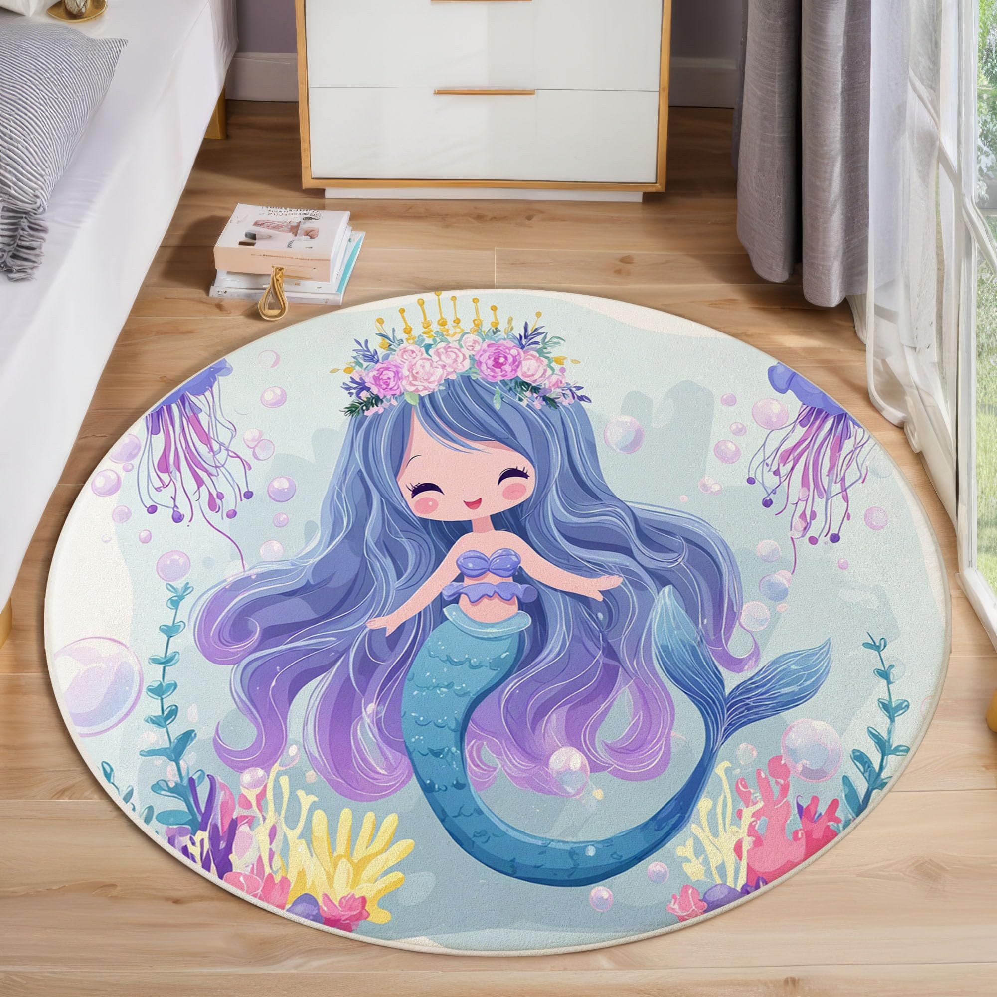 Waschbarer Teppich Rund 120Cm Süße Cartoon-Meerjungfrau-Prinzessin Teppiche Schlafzimmer - Waschbarer Kurzflor-Runder Teppich Mit Rutschfester Unterseite Für Esszimmer & Sund Kinderzimmer Hellblau