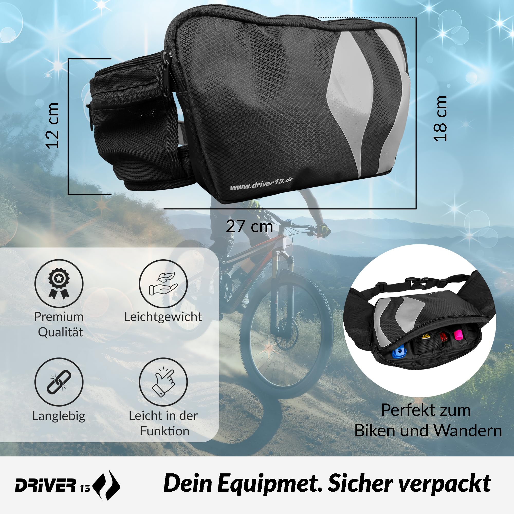 Driver13 Hipo Pack – nerka 3 l, saszetka biodrowa do roweru, trekkingu i trailu, kieszonki wewnętrzne, klips na klucze, czarna