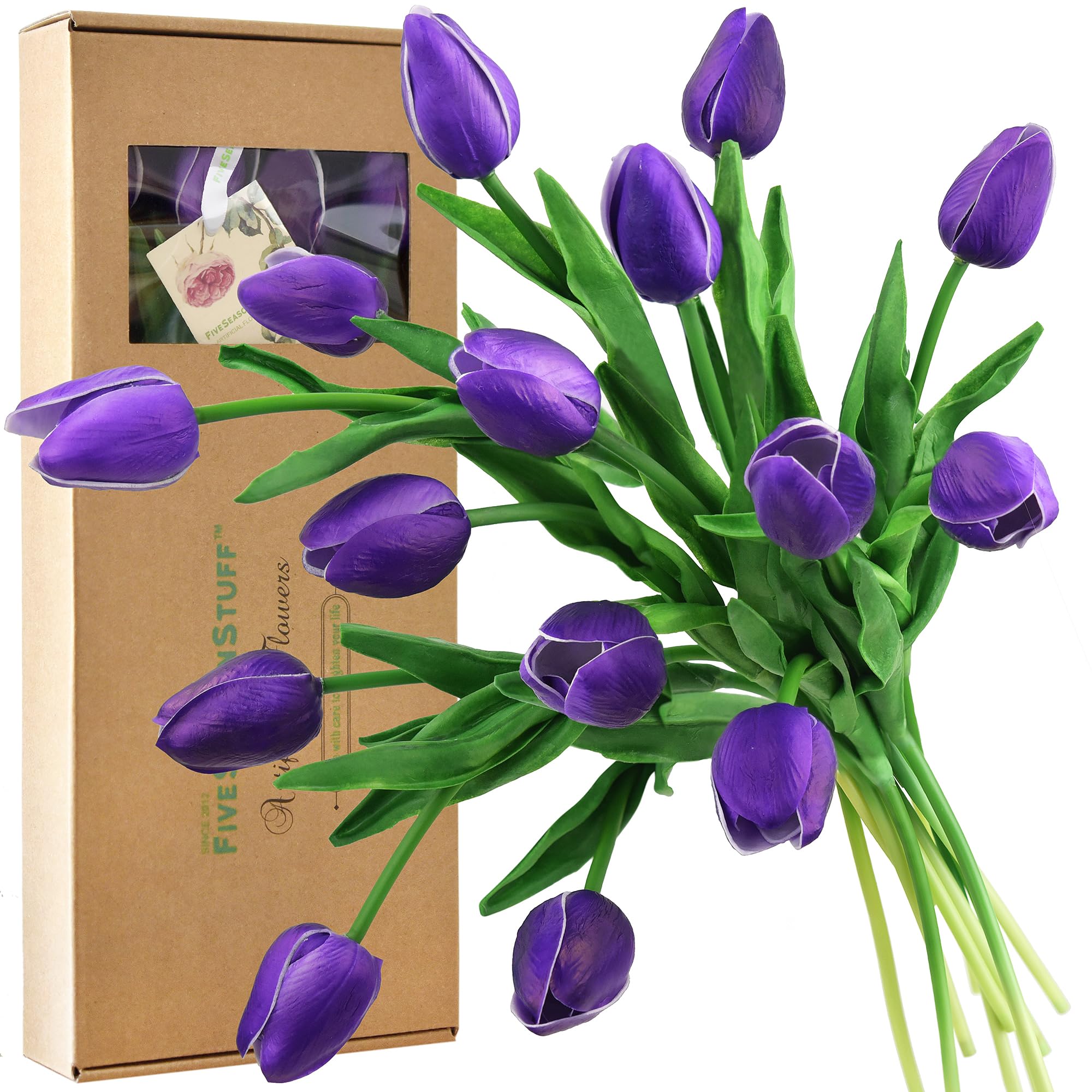 FiveSeasonStuff Real Touch Tulips Artificial Flowers – 15 Stems Faux Tulip Bouquet in Gift Box for Wedding, Home Decor, Party, Floral Arrangements (