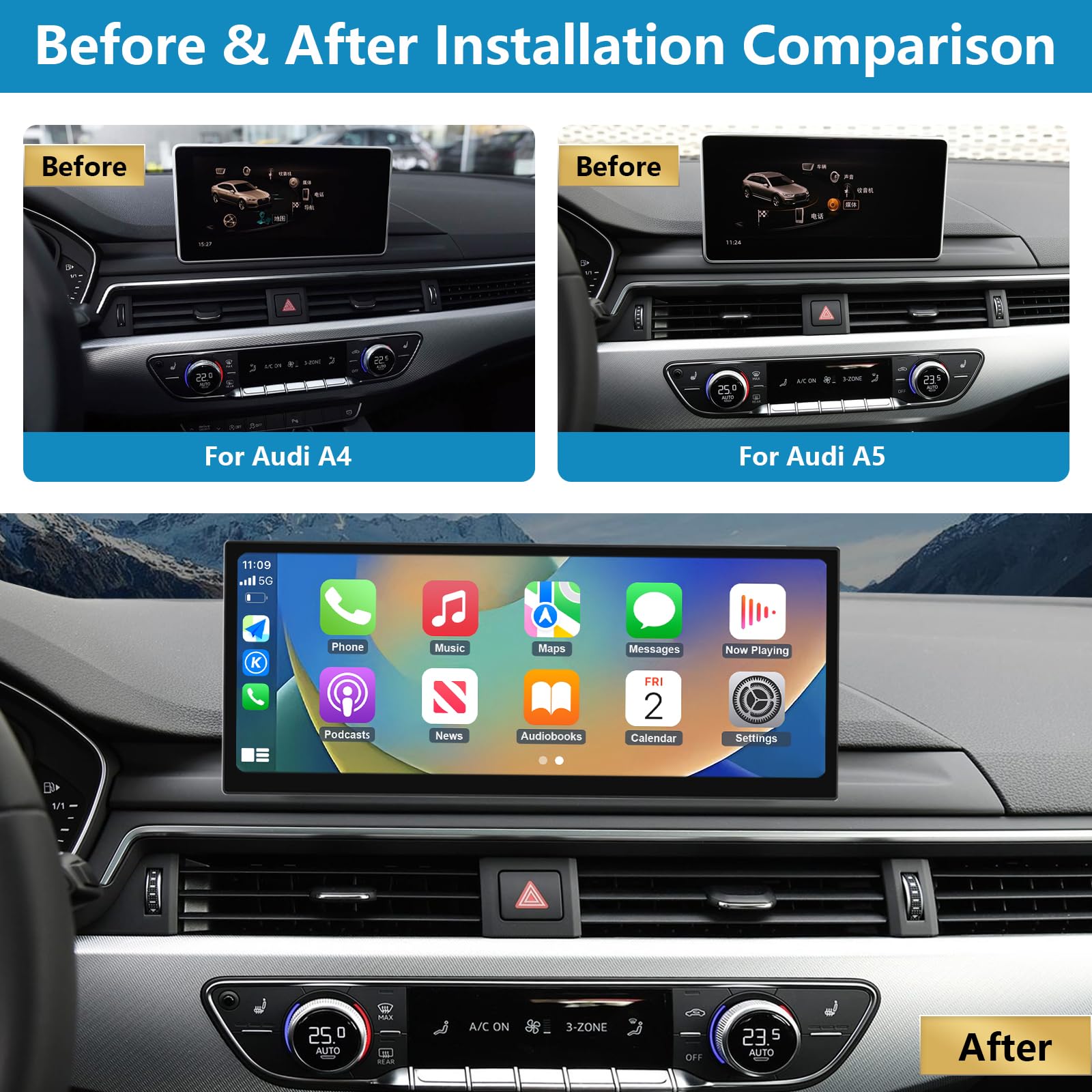 Autoradio 12,3'', Apple CarPlay/Android Auto/Mirrorlink/GPS per Audi A4 A5 2016-2019 con sistema MIB, supporta Mirrorlink, telecamera, navigazione, Siri, musica
