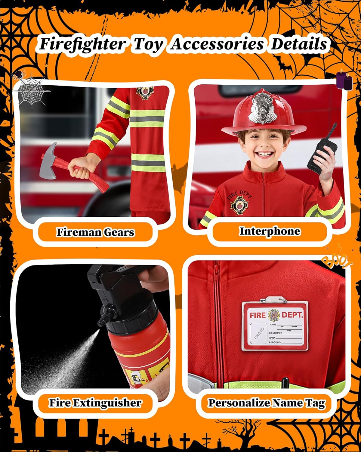 Fireman Costume for Kids with Toys Accessories, Boys Firefighter Birthday Halloween Party Dress Up Role Play