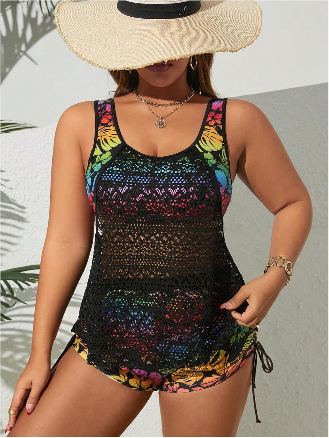 Women's Plus Size Tankini Swimsuits 2 Piece Floral Tropical Swimwear Hollow Out Bathing Suits Lace Beach Swimsuit - Image 3