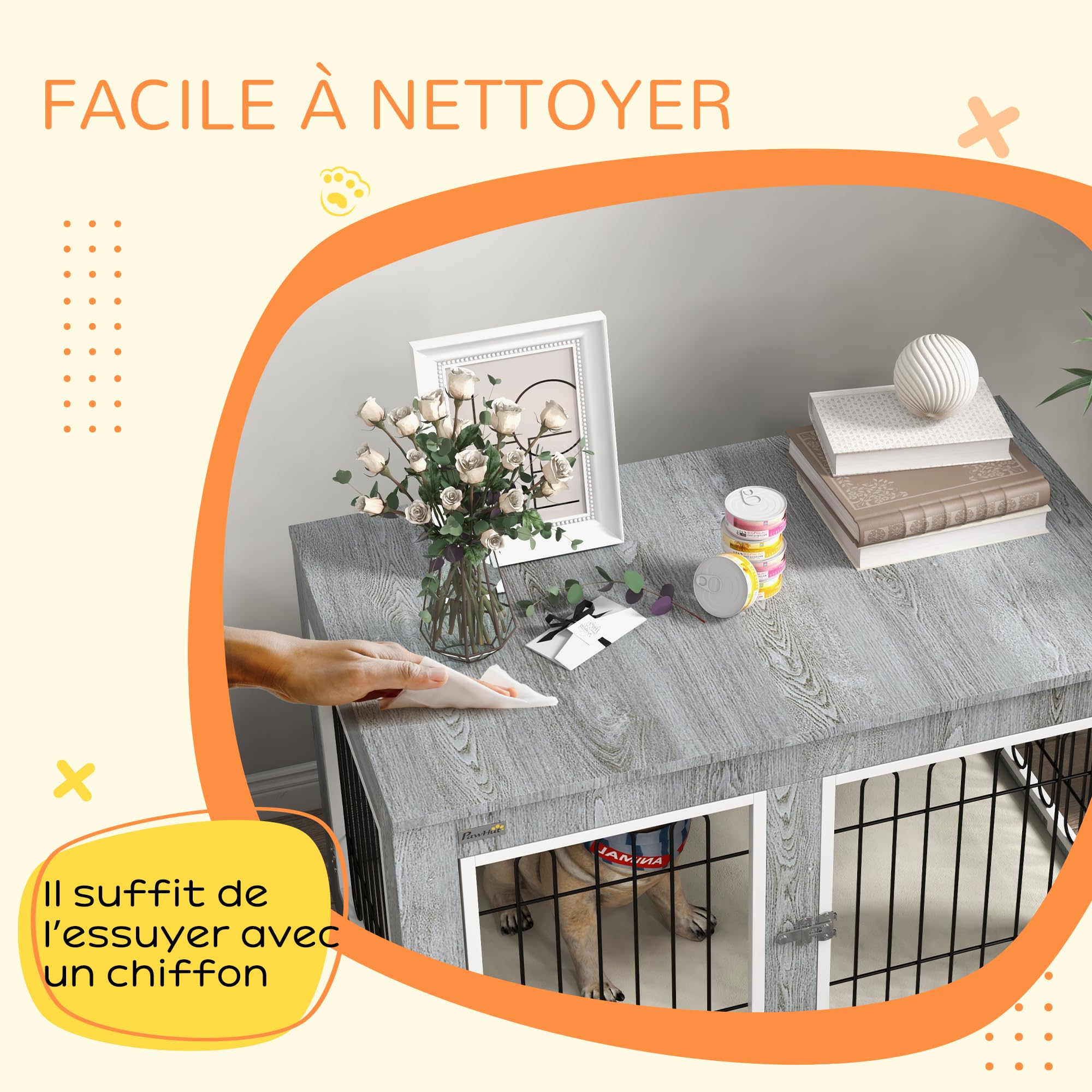 PawHut Cage pour Chien Meuble Cage Chien intérieur Table d'appoint Multi-usages avec Double Porte et Coussin - Niche pour Chien Moyenne et Grande Taille - 90 x 58 x 65 cm, Aspect Gris