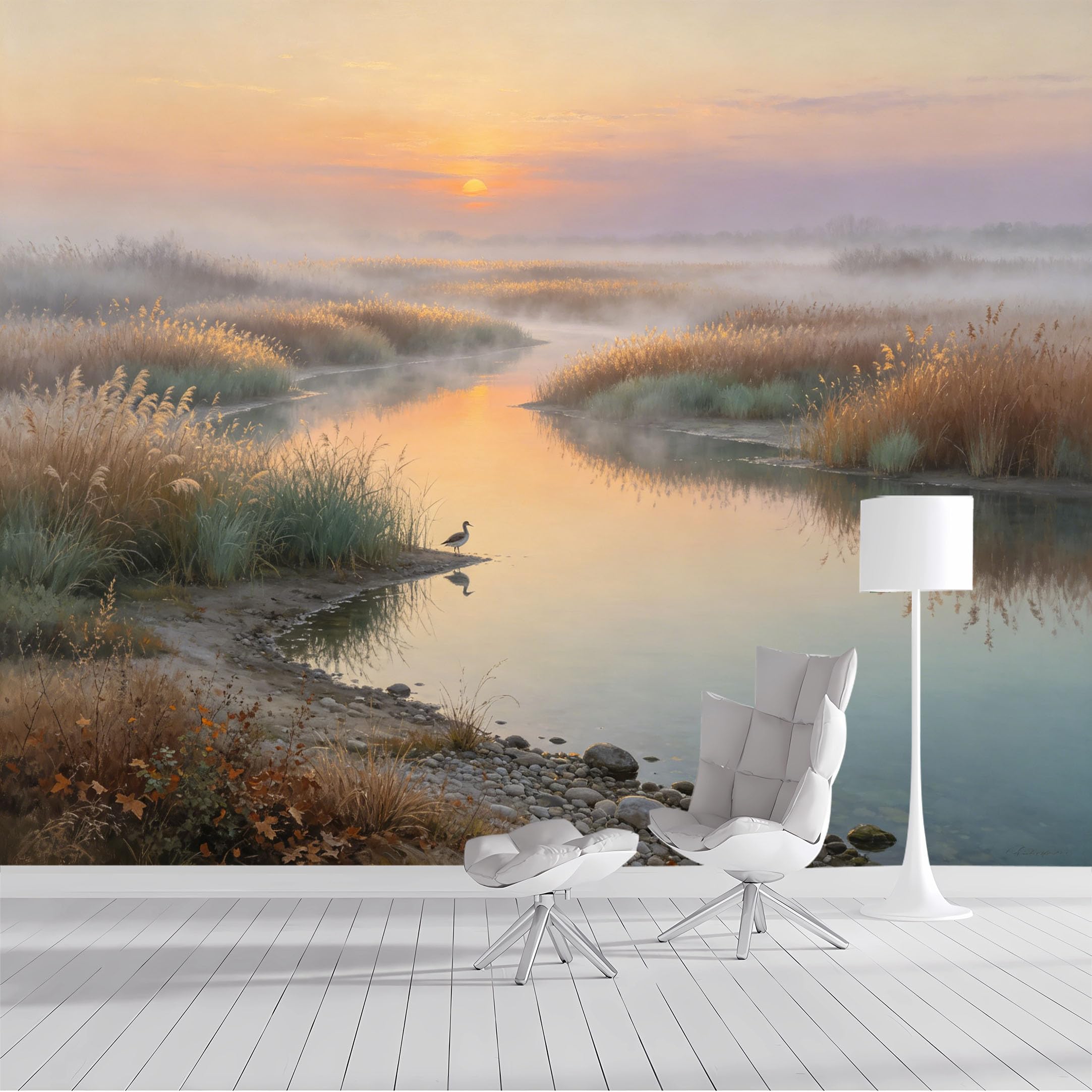 Custom Size Wall Mural Coastal Foggy Lake Landscape with Duck and Golden Reeds in Sunrise Oil Painting SelfAdhesive Wall Fabric Removable Wallpaper for Living Room Bedroom Bathroom