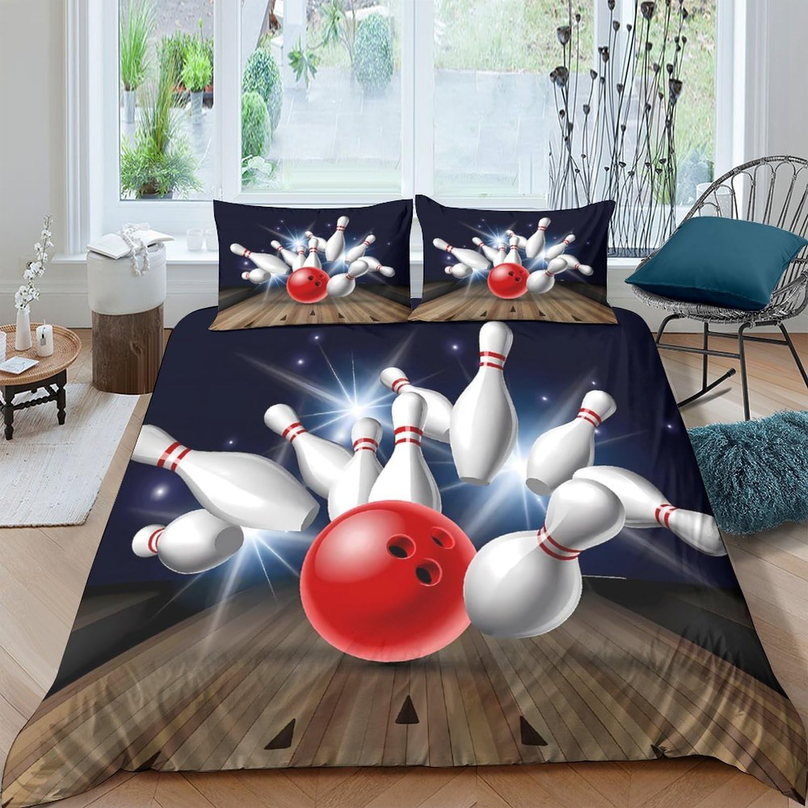 Ctjqhvkz Style-10 3D Printed Red Bowling Ball Fitted Sheet Microfiber Striking Bowling Pins Mattress Cover For Bedroom Dorm Decor Single（135X200cm）