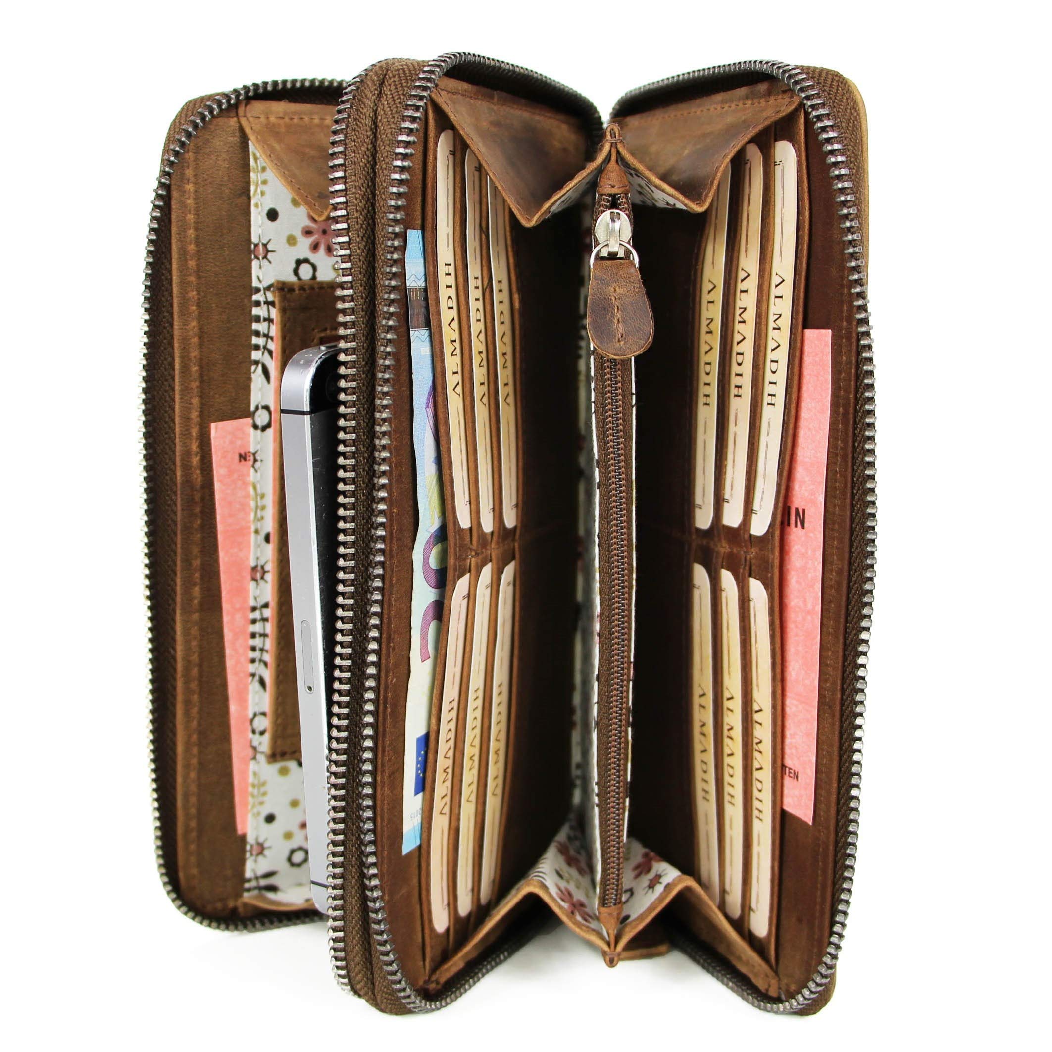 ALMADIH Große Leder Damen Portemonnaie mit Handyfach und Handgelenkschlaufe - Doppelter Reißverschluss, 12 Kartenfächer, RFID Schutz, Münzfach - Geldbeutel Geldbörse Brieftasche braun (Giana Vintage)