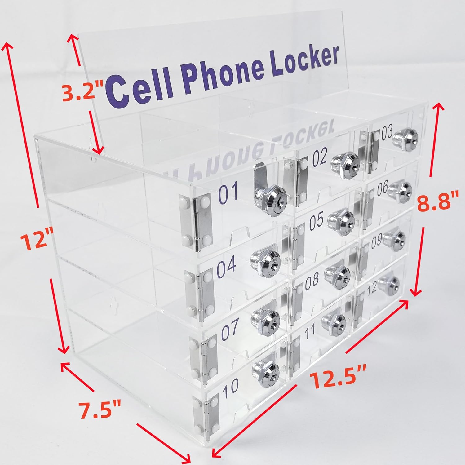 12-Slot Clear Acrylic Phone Locker - Tabletop or Wall Mount for School/Retail/Clinics, Individual Keyed Locks w/Numbered Keys & Cable Holes
