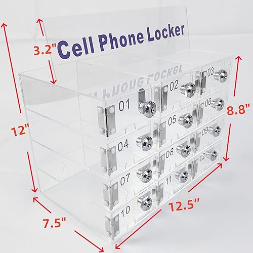 Miniatura 4 de Taquilla de teléfono de acrílico transparente de 12 ranuras, soporte de mesa o pared para escuelaminoristaclínicas, cerraduras individuales con