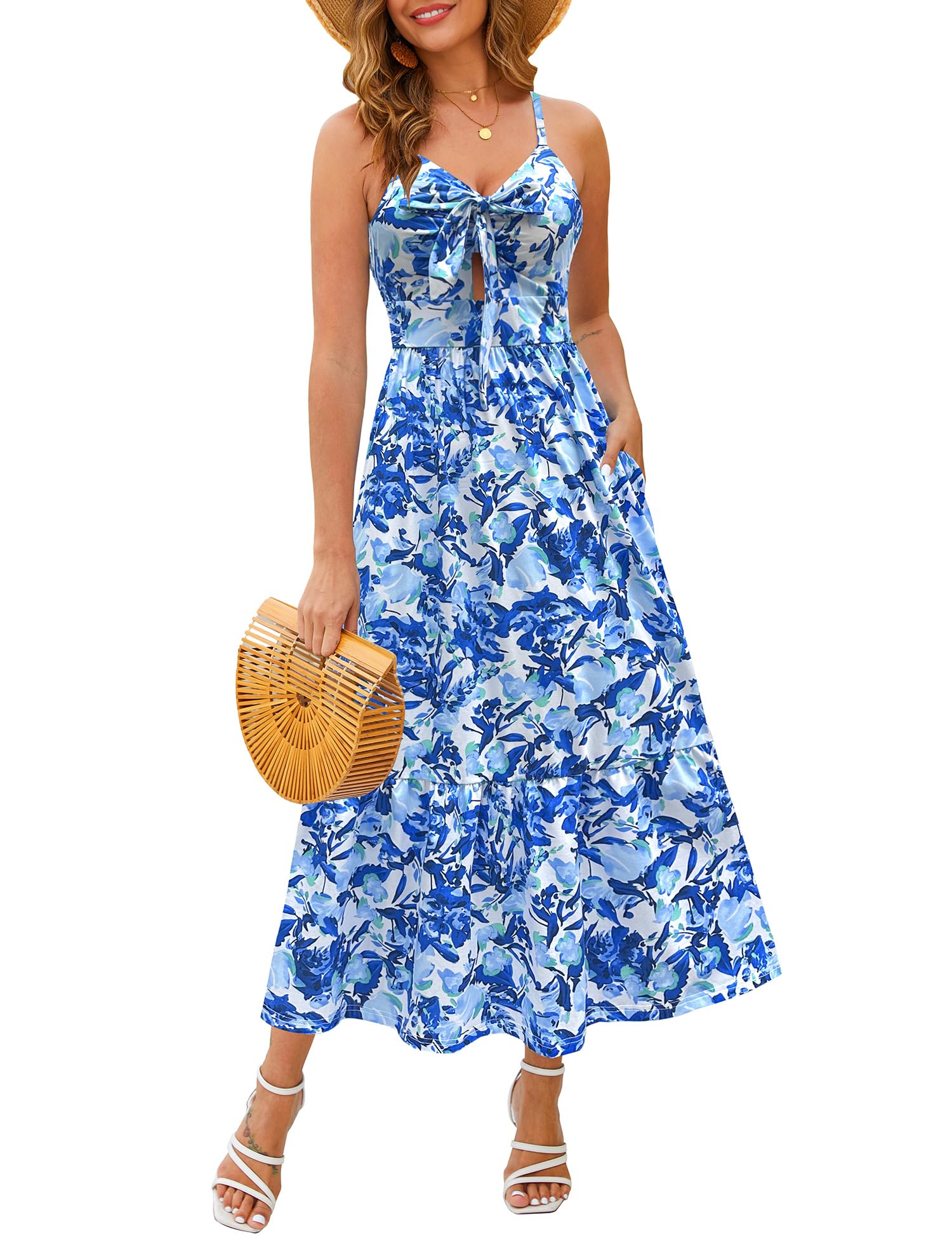 Kranda Women 2026 Summer Sundress High Waist Tie Front Spaghetti Strap Long Beach Floral Tiered Maxi Dress with Pockets
