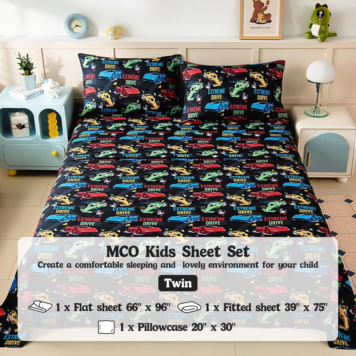 MCO Twin Sheets Set Kids, Soft Microfiber Bed Sheet Set for Boy Girls, 3 Pieces Breathable Twin Sheets Race car Black