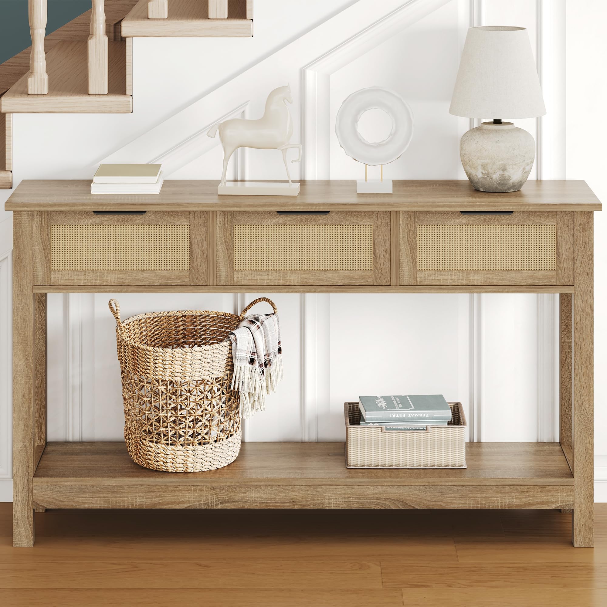 Mesa consola de ratán bohemio con 3 cajones de almacenamiento, estrecha y larga detrás del sofá, mesa para sala de estar, mesa auxiliar de entrada, pasillo, vestíbulo, natural, 47 pulgadas 7