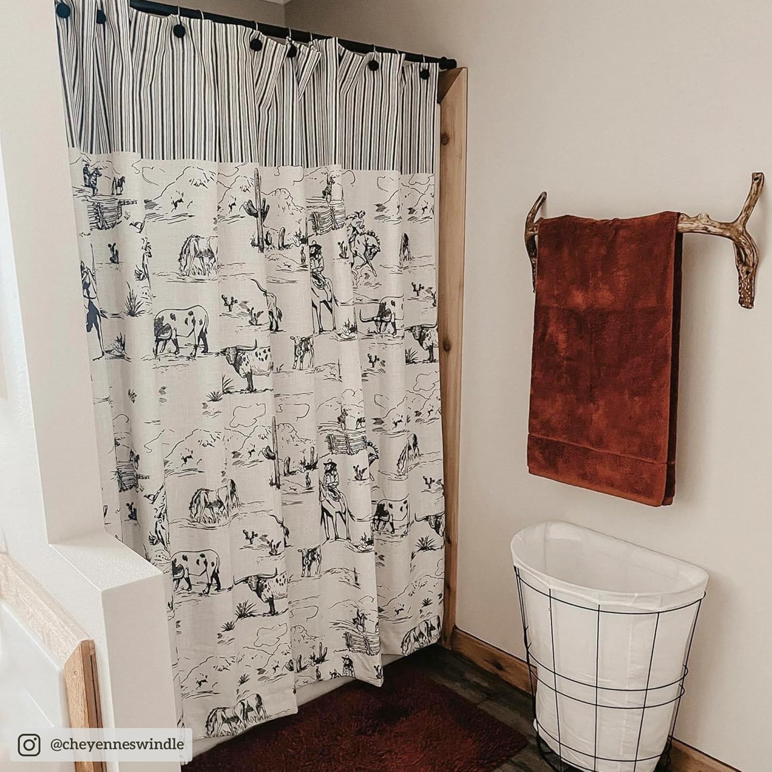 Paseo Road Ranch Life Bathroom Fabric Shower Curtain with 12 Hooks, 72x72 inch, Black and White Cowboy Cow Longhorn Horse Print, Western Style