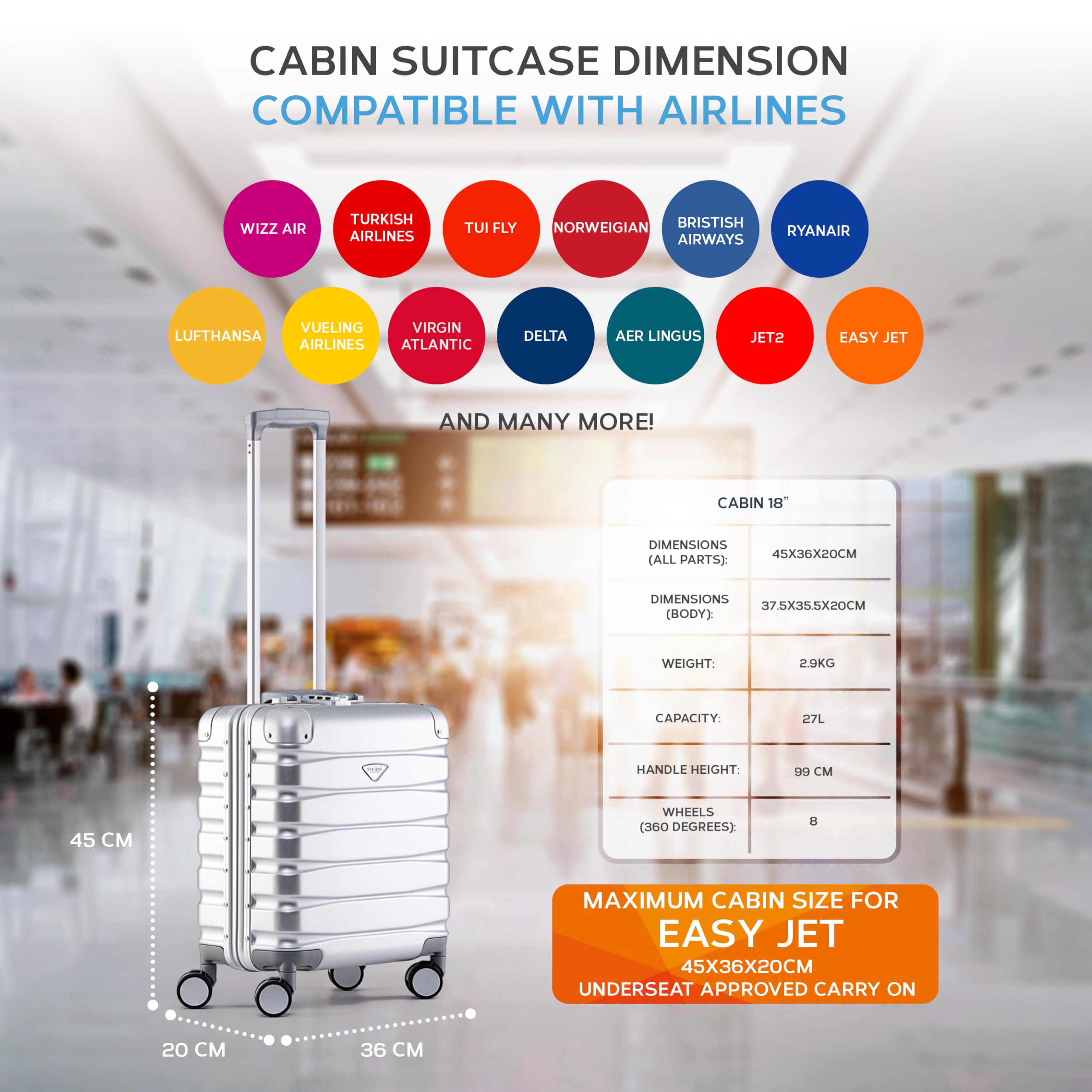 Flight Knight Premium Travel Suitcase - 8 Spinner Wheels - Built-in TSA Lock Lightweight Aluminium Frame, ABS Hard Shell Carry on Check in Luggage Highly Durable - Approved for Over 100 Airlines
