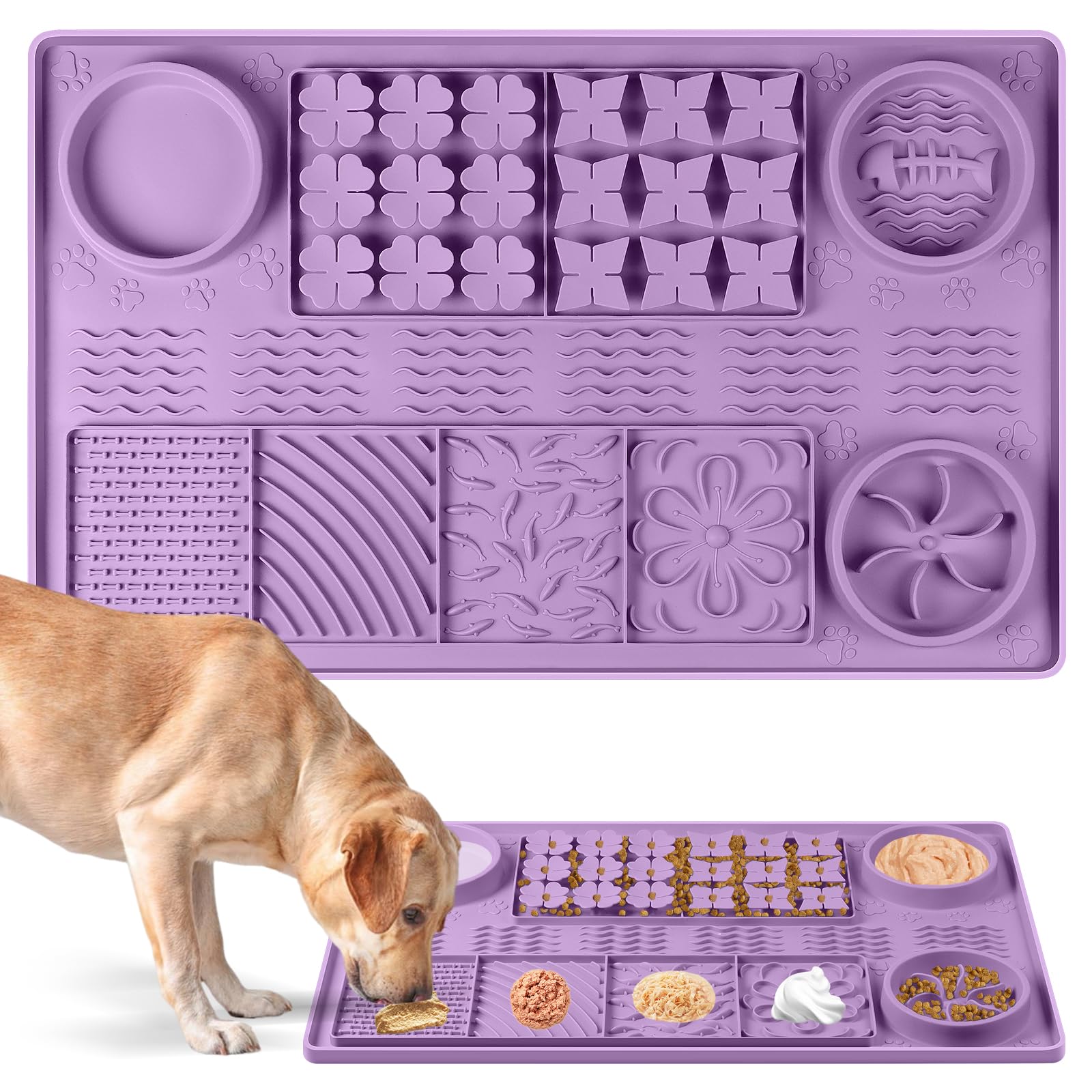 große Silikon Schnüffelmatte, 32''x 20'' Hund lecken Matte mit Saugnäpfen, Slow Feeder für kleine/mittlere/große/mehrere Hunde, langsames Fressen, Langeweile Reducer (lila)