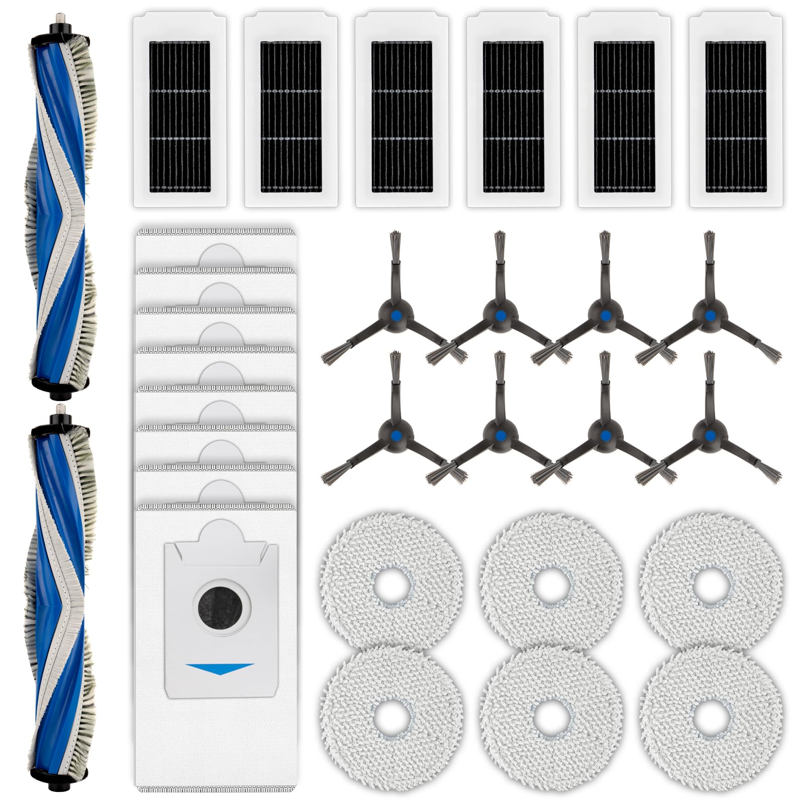 (30 Pack) X5 Omni Replacement Parts Accessories Kit for ECOVACS DEEBOT X5 Omni/ X5 Pro Omni Robot Vacuum Cleaner, 2 Roller Brushes, 8 Side Brushes, 8 Dust Bags, 6 HEPA Filters, 6 Mop Pads