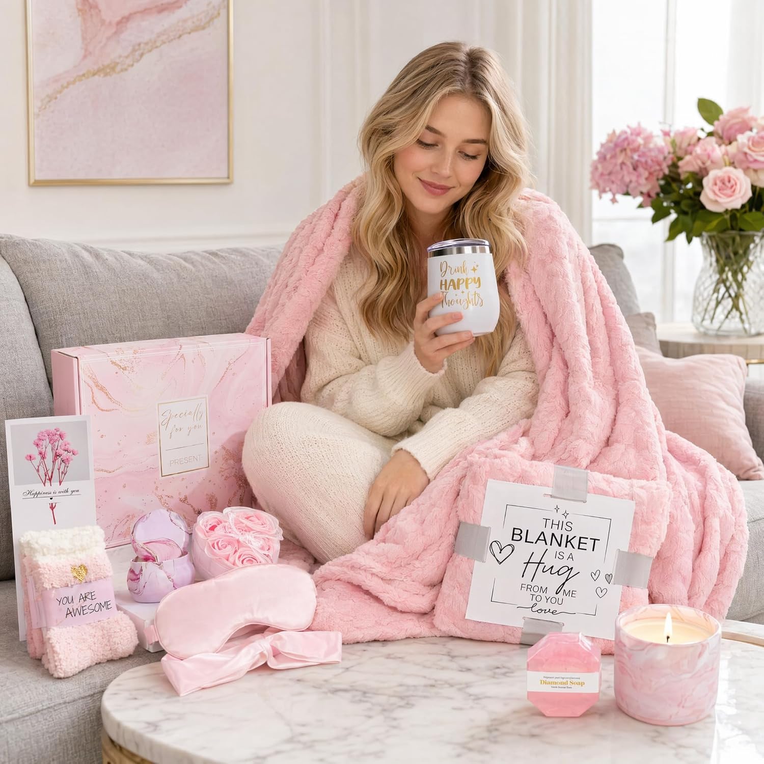 Rose Spa Gift Basket for Women 10pc Self Care Get Well Birthday Gift Set