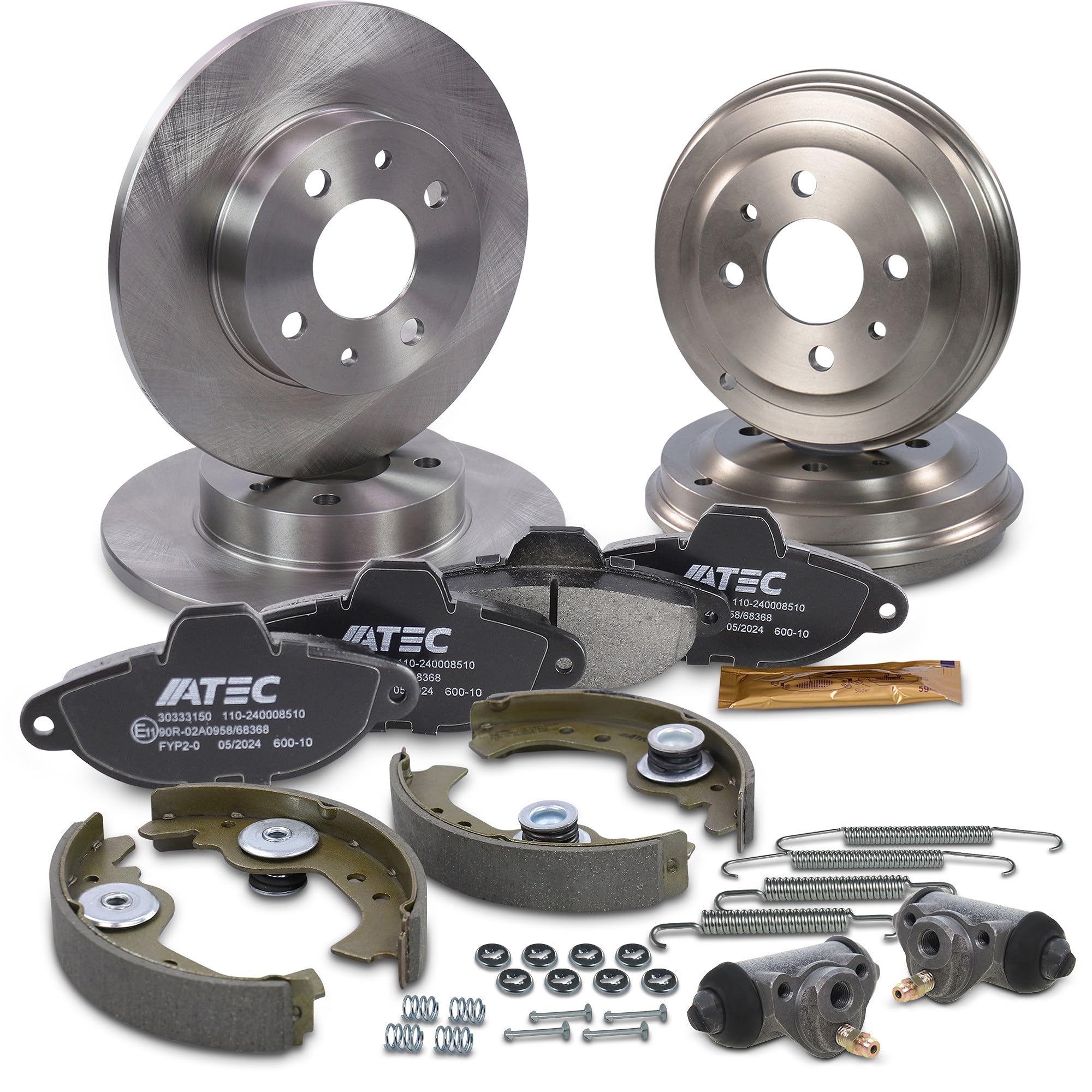 BESTPRICE Set freni incl dischi freno anteriori Ø 241mm pieni + tamburo freno Ø 185mm + pastiglie freno anteriori e ganasce freno posteriori + compatibile con FIAT SEICENTO / 600 (187_)