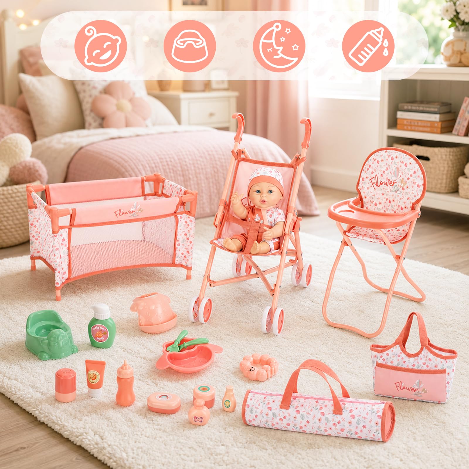 deAO Set Passeggino e Accessori per Bambole, Giochi di Ruolo Giocattoli | Bambole 30cm, Lettino, Seggiolone, Sacco Trasporto, Pieghevole, Montaggio Senza Attrezzi, Regali per Ragazze di 3 Anni+