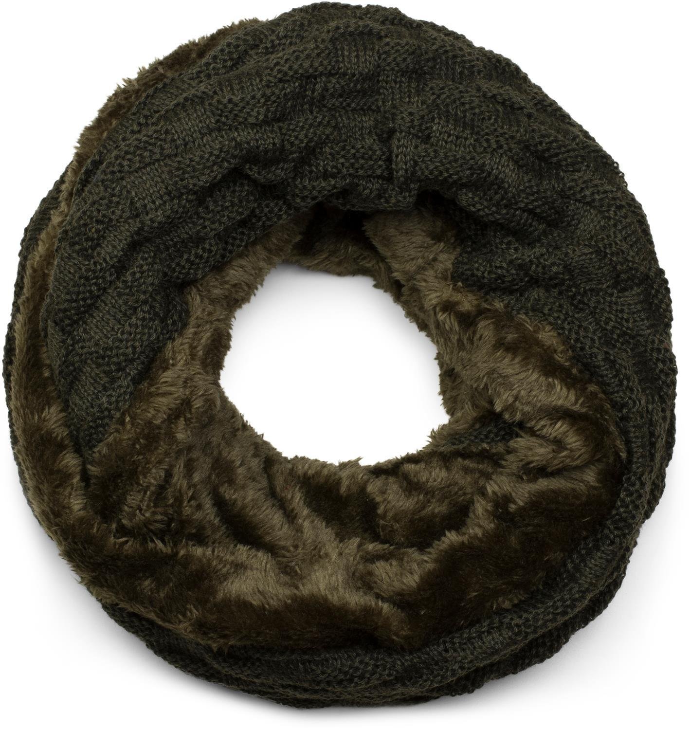 styleBREAKER warm fine-knit loop scarf with woven pattern and very soft fleece lining, snood, unisex 01018150, Colour:Dark fir green