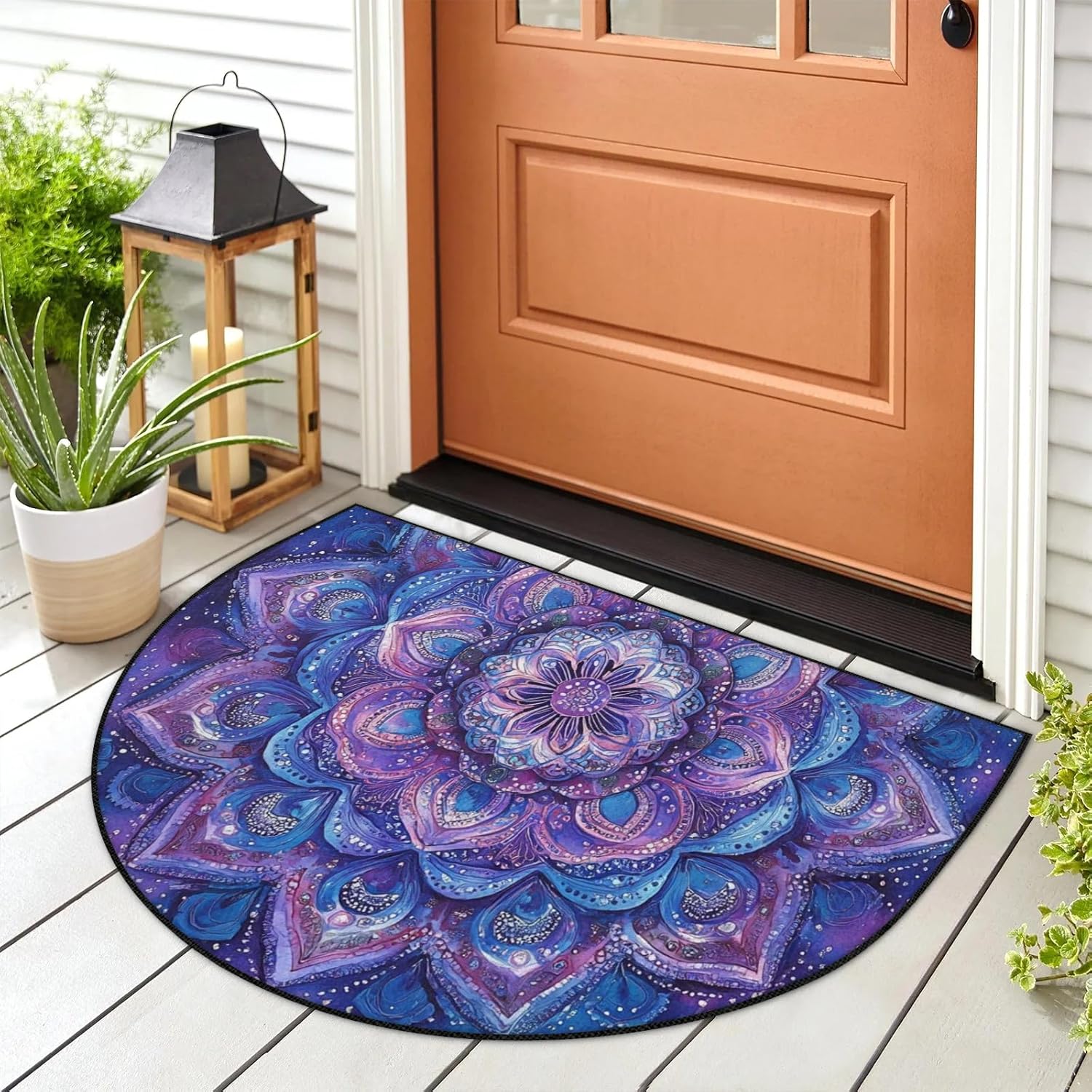 Half Circle Door Mat Indoor Outdoor Entrance - Boho Purple Mandala Doormat 24"x36" Non Slip Front Welcome Mat Areas Rugs for Bathroom Kitchen Garage Patio Porch