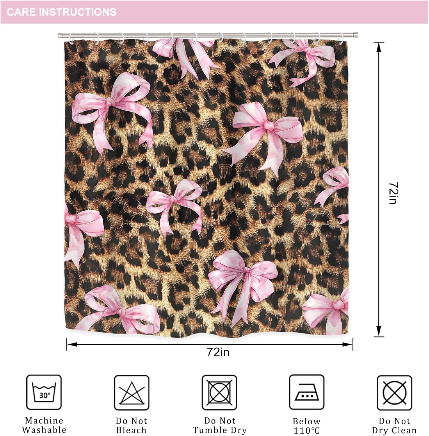 LIGHTINHOME 4 PCS Leopard Print Bow Shower Curtain Set 72Wx72H,Toilet Lid Cover,Non-Slip Rugs and U-Shaped Mat,Girly Pink Cheetah Bathroom Sets with Rugs Shower Accessories 12 Hooks for Bathroom Decor