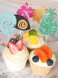 Ocean-Themed Birthday Cupcake Decorations Set, Glitter Palm Leaf Flower Topper Picks for Hawaiian Luau Party, Tropical Summer Shower Wedding Supplies