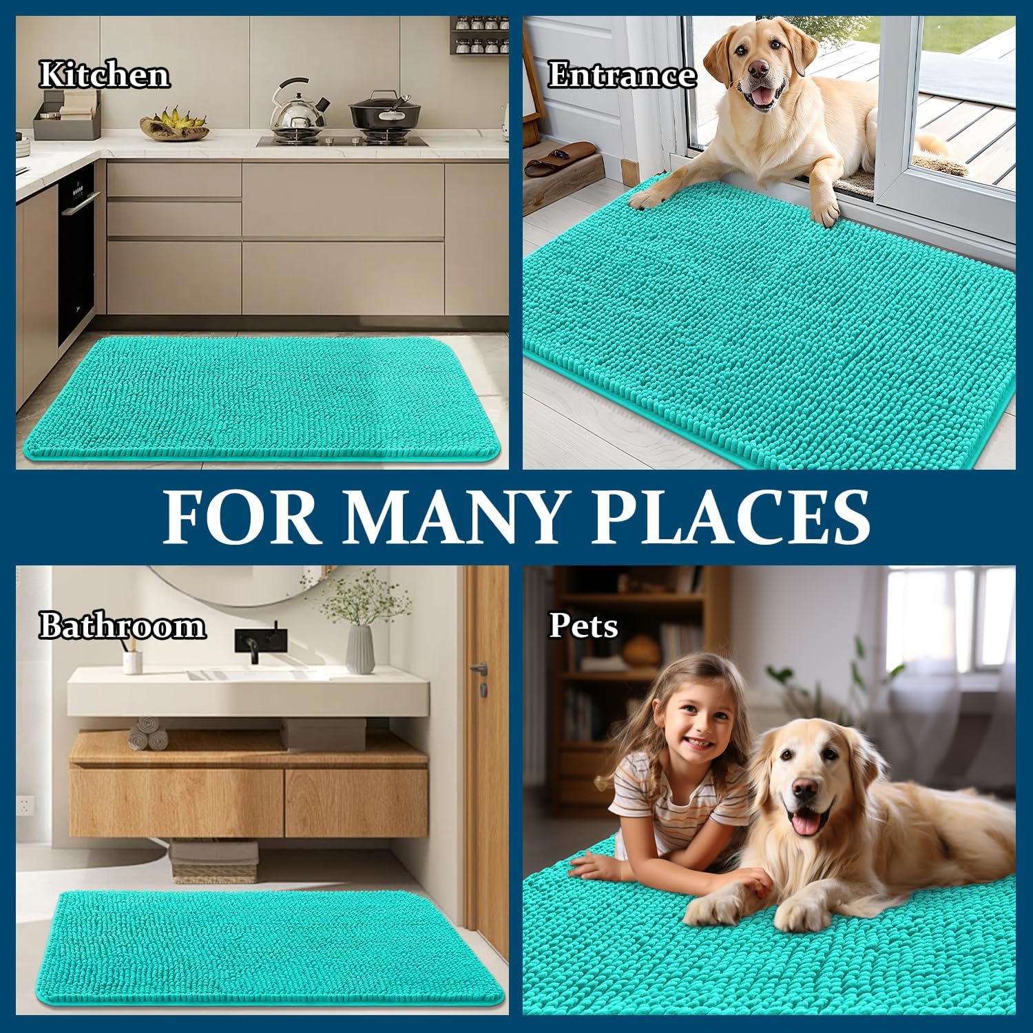 OLANLY Dog Door Mat for Muddy Paws 70x46, Absorbs Moisture and Dirt, Absorbent Non-Slip Washable Doormat, Quick Dry Chenille Mud Mat for Dogs, Entry Indoor Entryway Carpet for Inside Floor, Teal