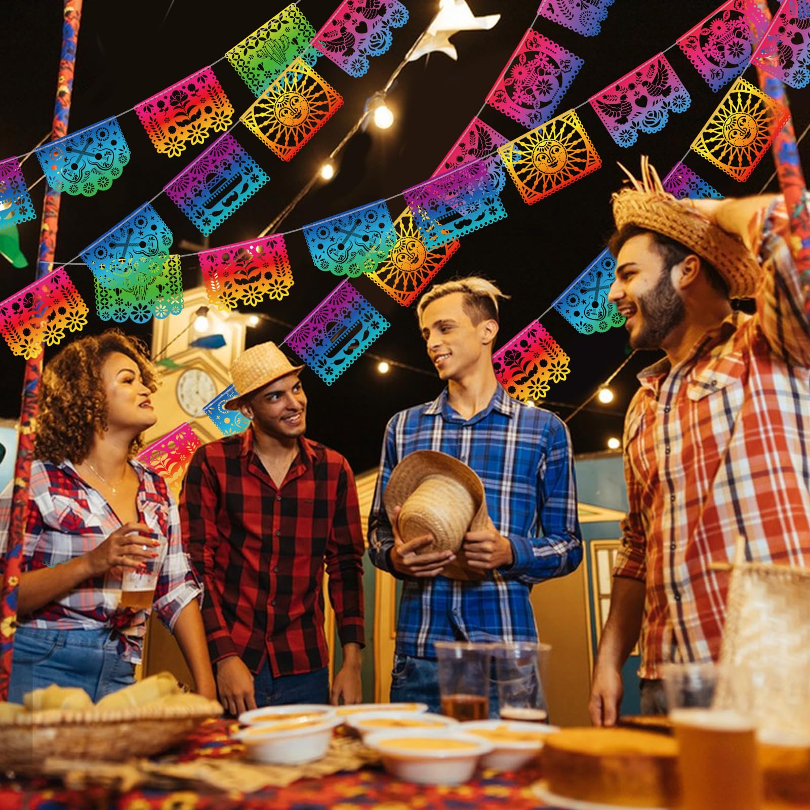 Qpout 5 Paquetes Banderas Mexicanas De Fiesta Plástico Iridiscente Papel Picado Banner Cinco de Mayo Decoración Fiesta Guirnalda Para Día De Los Muertos Decoración,Fiesta Cumpleaños Baby