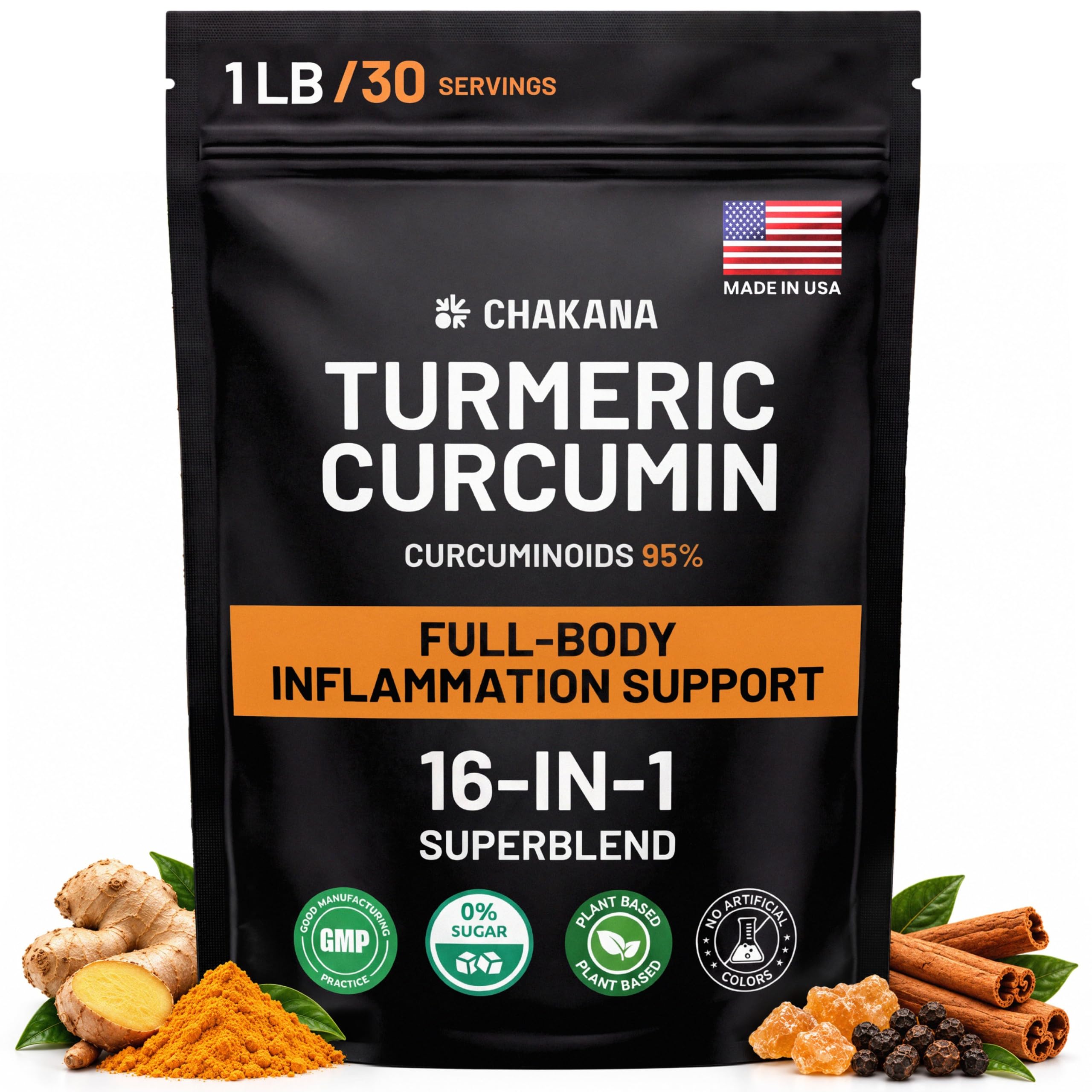 Turmeric Curcumin Supplement Powder for Inflammation Support - 16-in-1 with Ginger, Boswellia & More Replaces Multiple Supplements Joint Comfort, Mobility & Gut Health 1 lb (30 Servings)