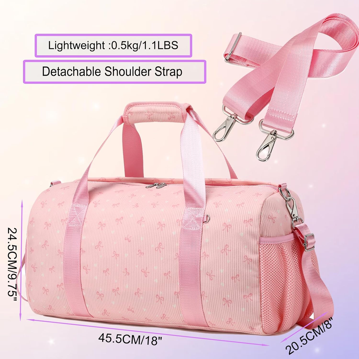 Dance Dag for Girl Sports Duffle Dag Gym Ballet Bag Corduroy Overnight Bag with Shoe Compartment and Dry Wet Pocket. - Image 4