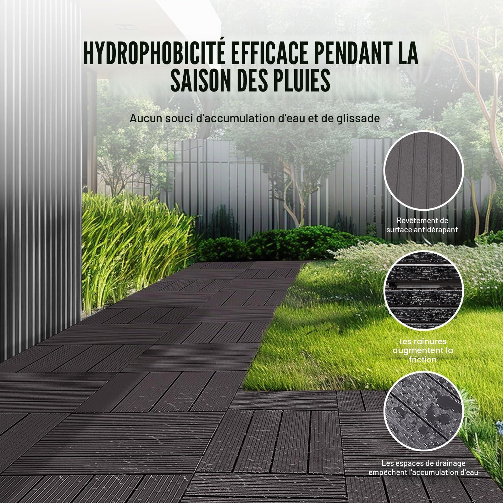 VEVOR Dalles de Terrasse Emboîtables, Lot de 36, Revêtement de Sol Plastique Imperméable, 300x300 mm, 33444 c㎡, Utilisation par Tous les Temps, pour Porche, Piscine, Balcon, Arrière-cour, Marron Foncé