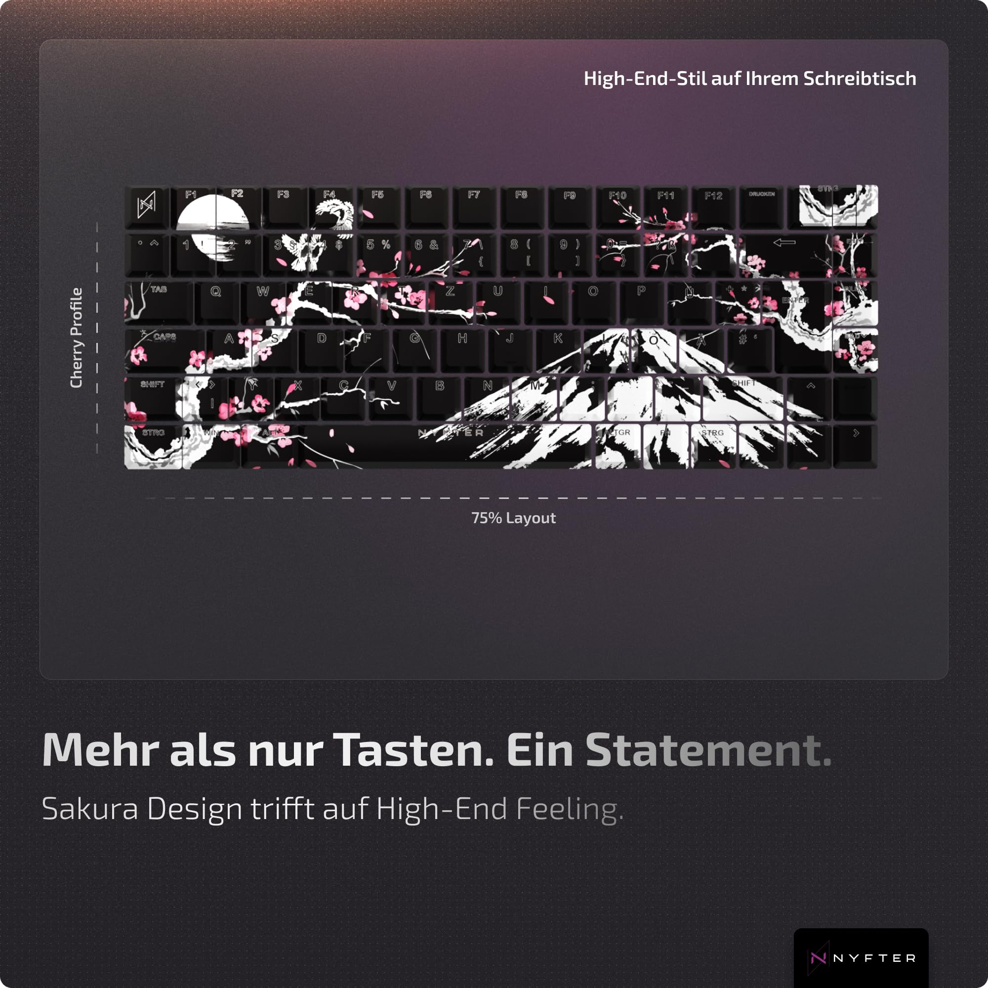 NYFTER - Premium Sakura Keycaps ISO 60% und 75% Custom Keycabs ISO Layout für Mechanische Tastaturen (Black Sakura, 75%)