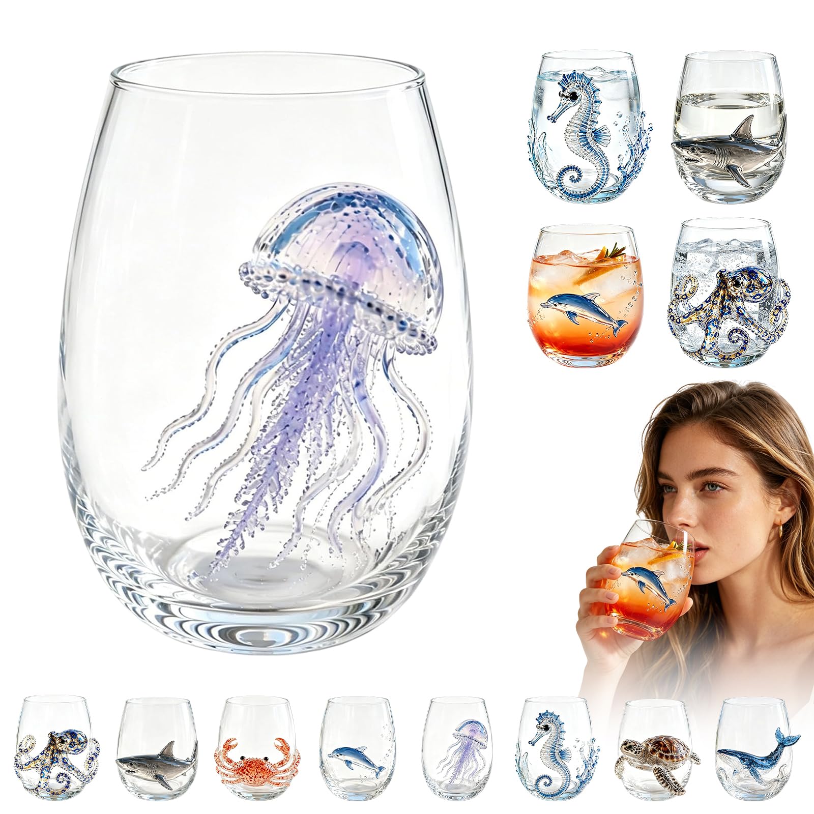 Artisanal Blue Ringed Octopus Glassware, 3D Octopuses Stemless Wine Glasses, Handmade Nautical Ocean Themed Drinking Glass, Marine Animal Inspired Ocean Decor for Home Bar Gift