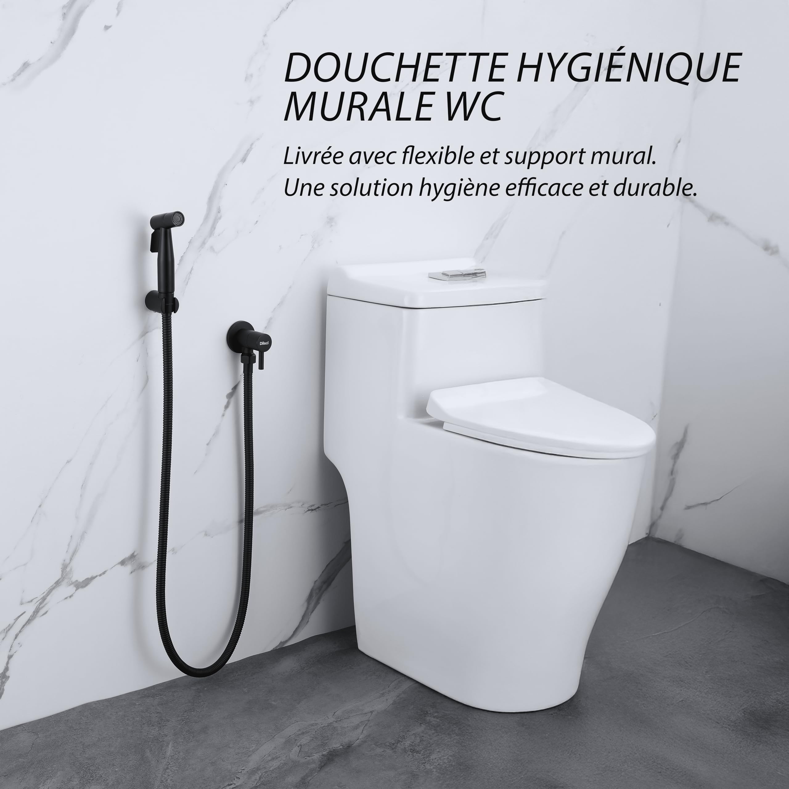 Douchette WC Murale Noir Mat – Jet Puissant et Précis avec Robinet Marche/Arrêt – Support Mural Inclus – Design Contemporain et Durable - Hygiène et Propreté