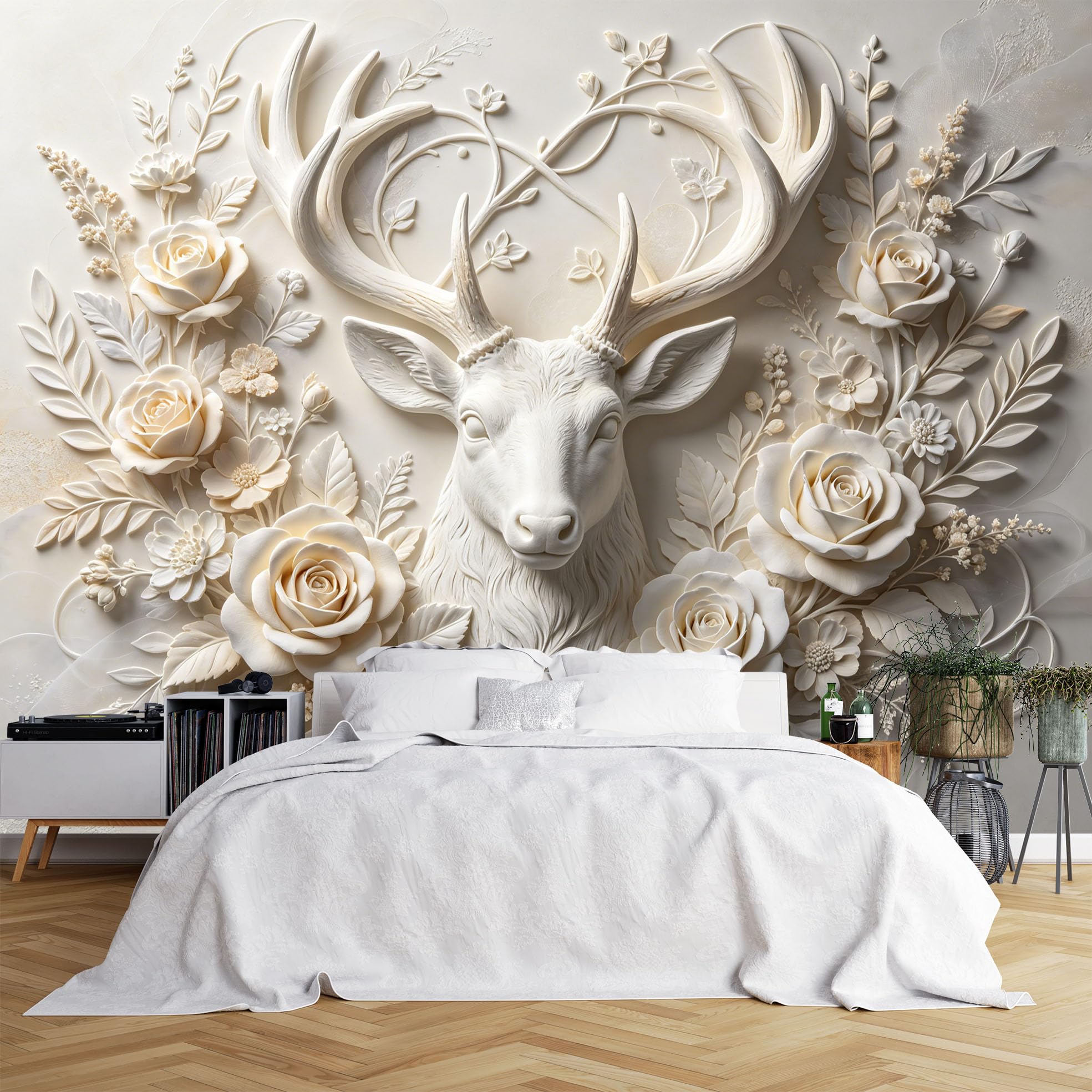 Carta Da Parati Murale In Tessuto Non Tessuto Con Cervo E Fiori, Paesaggio 3D Per Soggiorno, Camera Da Letto, Ufficio, Sfondo Tv, Cervo 350 脳 245 Cm L X A